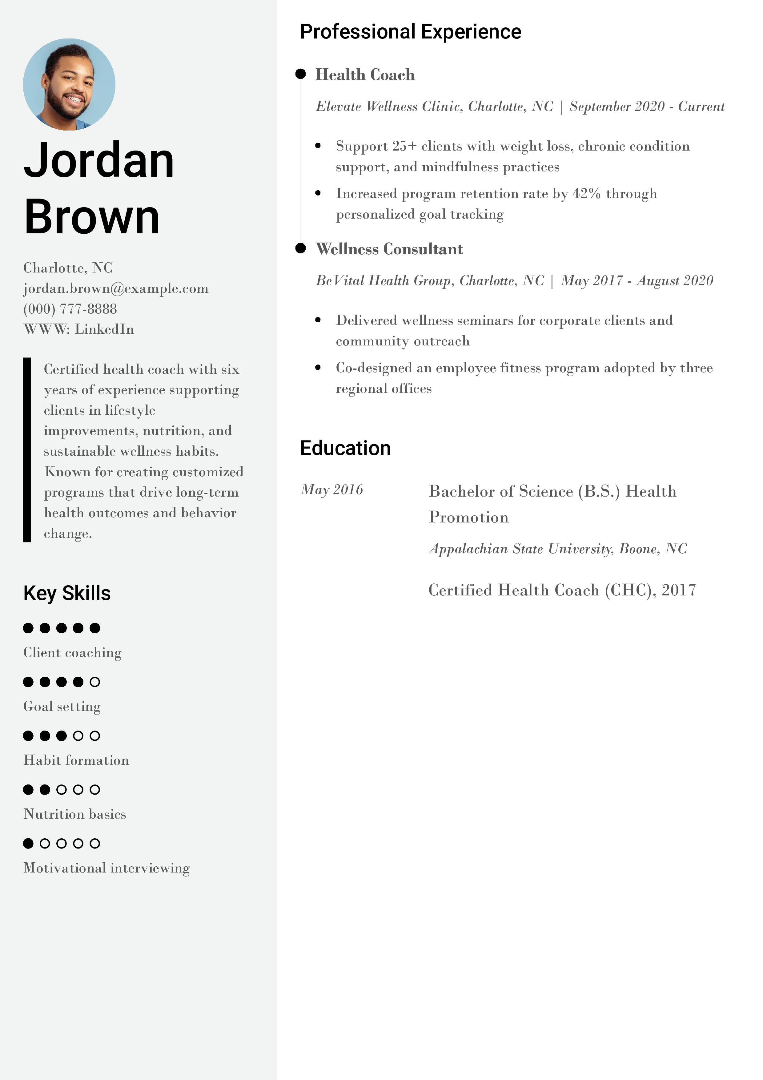 Health Coach Resume Example