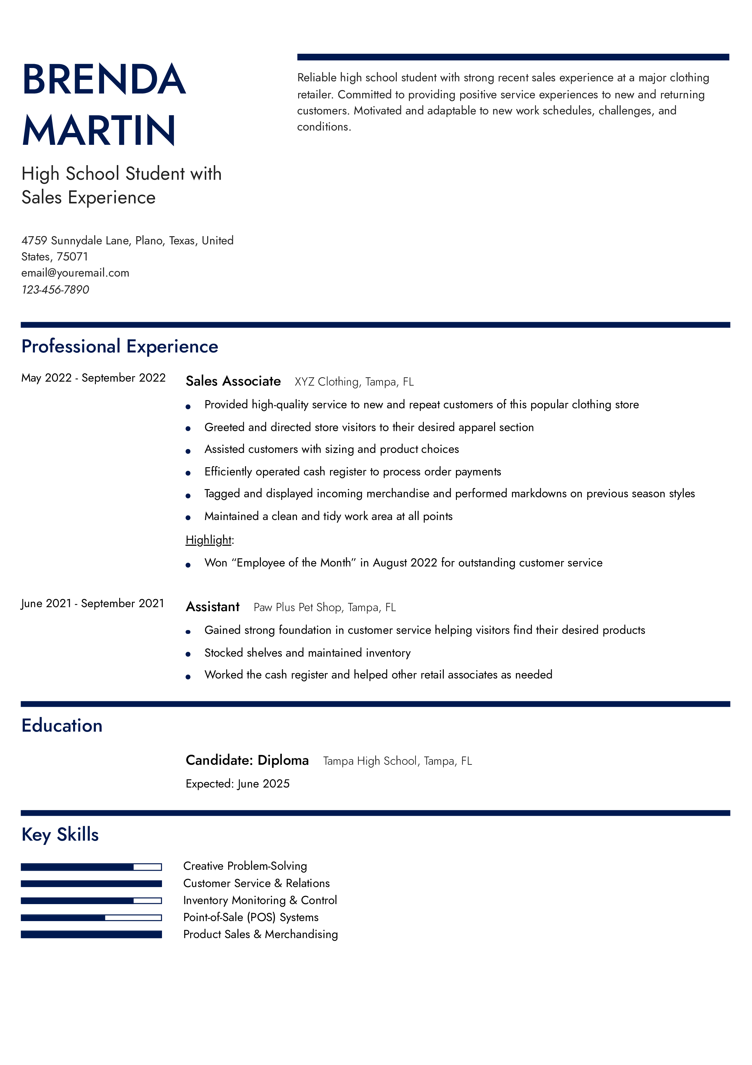 High School Students Resume Example