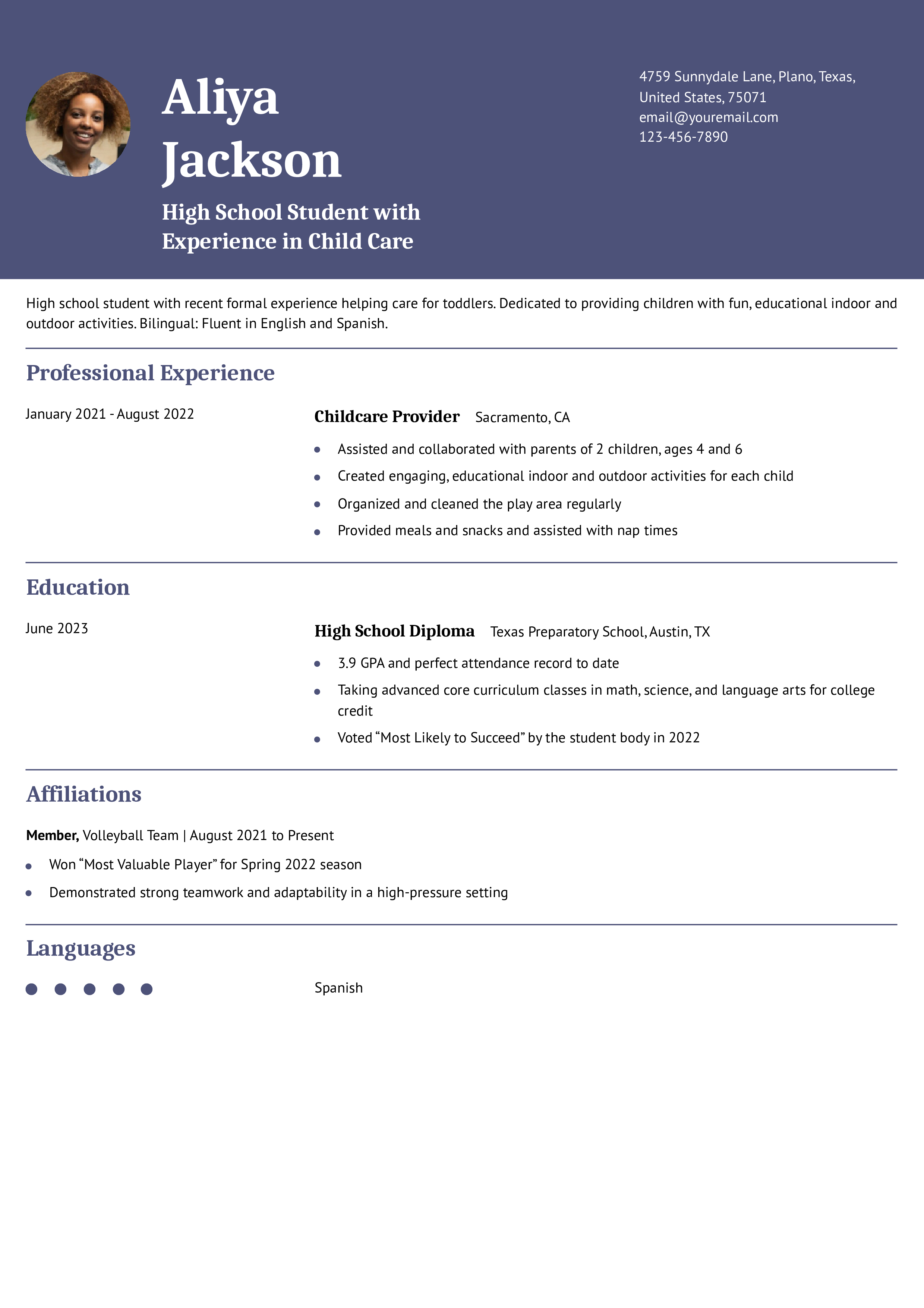 High School Child Care Resume