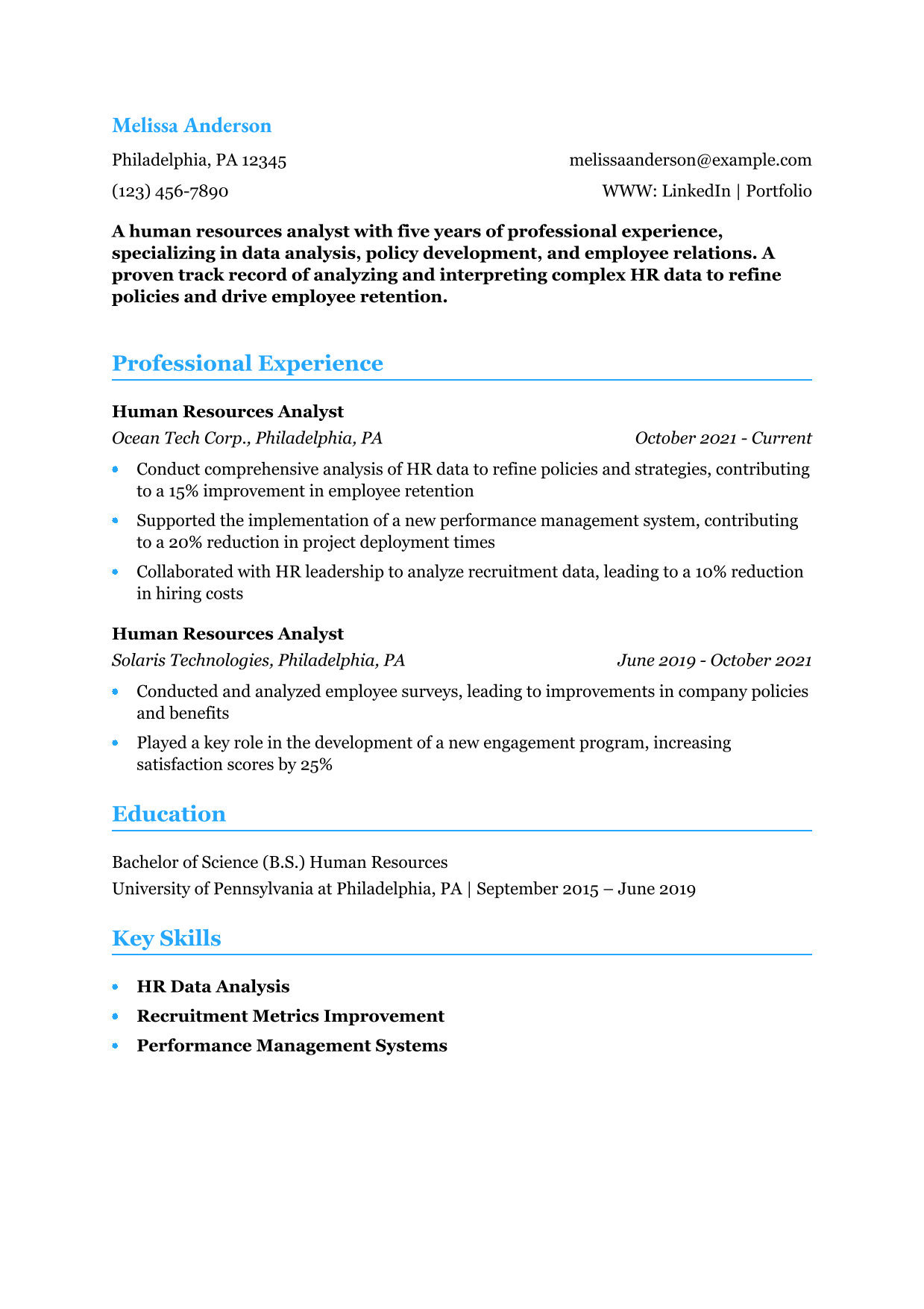Human Resources Analyst Resume Example