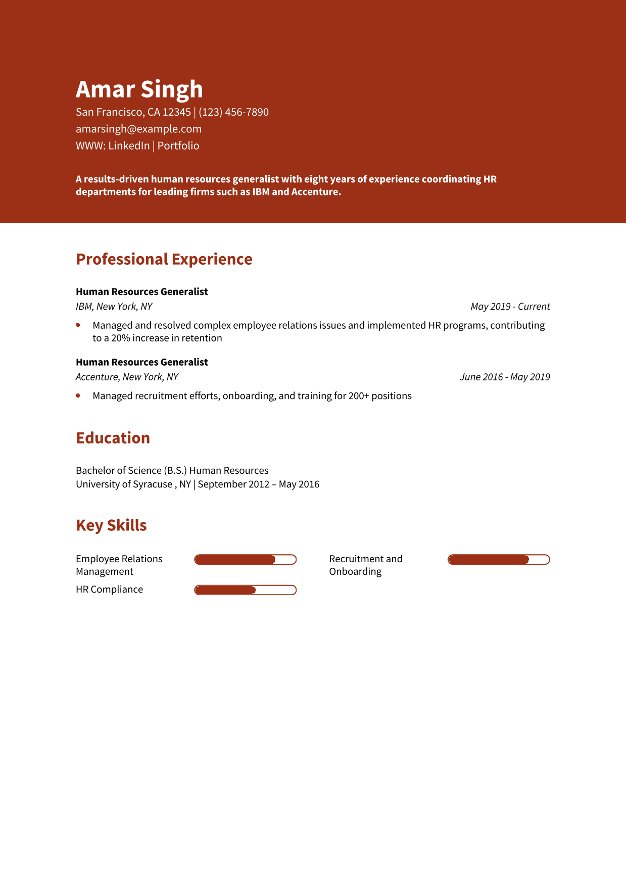 Human Resources Generalist Resume Example