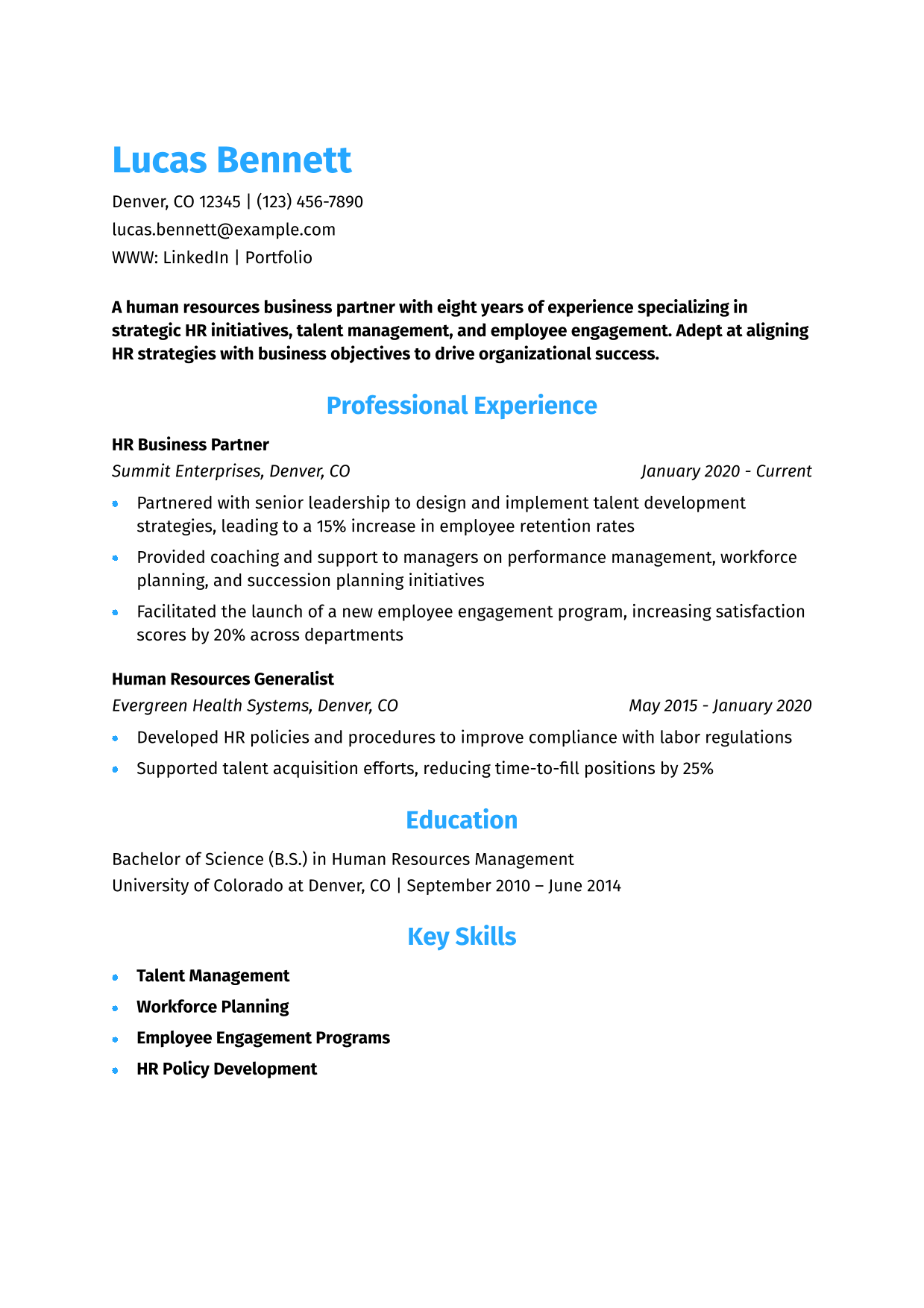 Human Resources (HR) Business Partner Resume Example