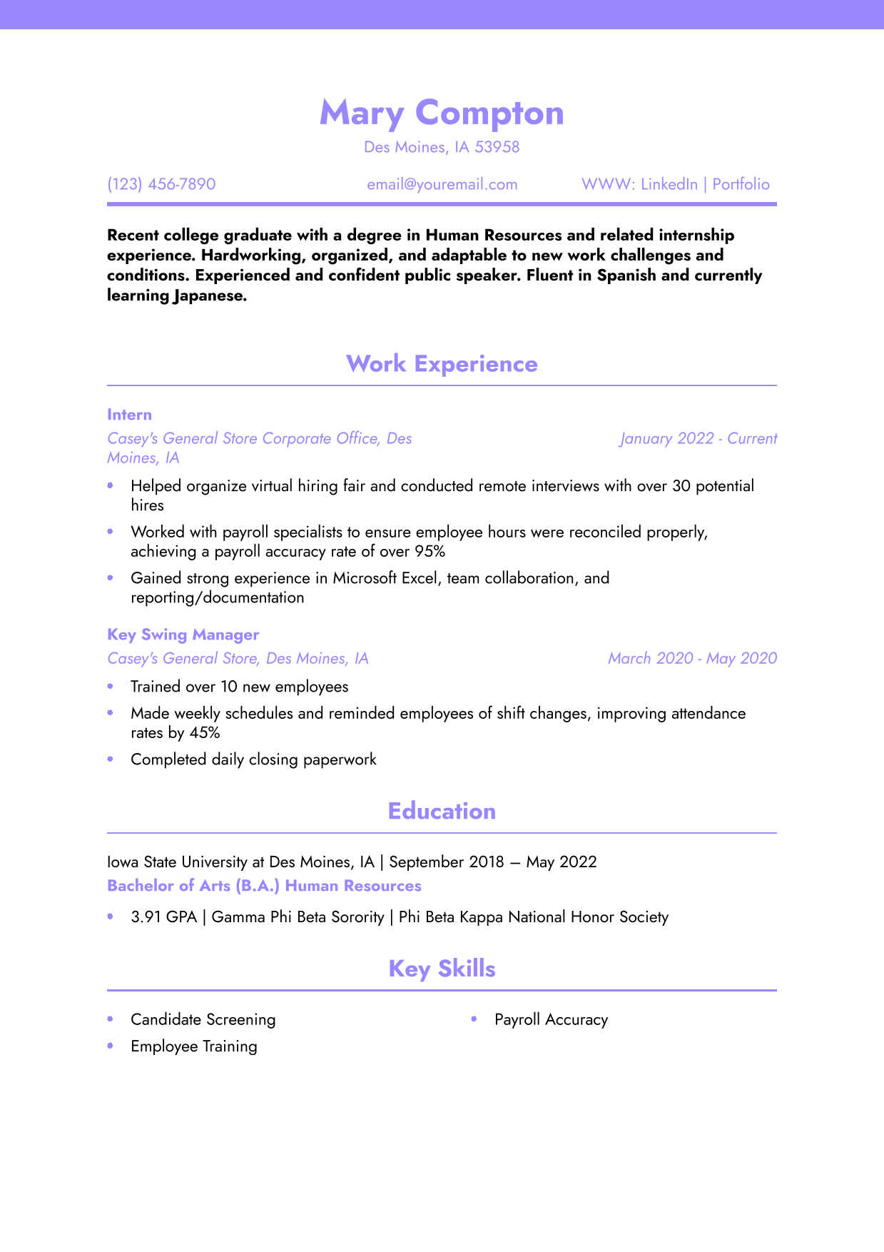 Human Resources Resume Example