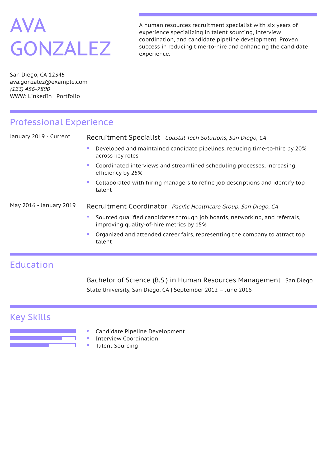 Human Resources Recruitment Specialist Resume Example