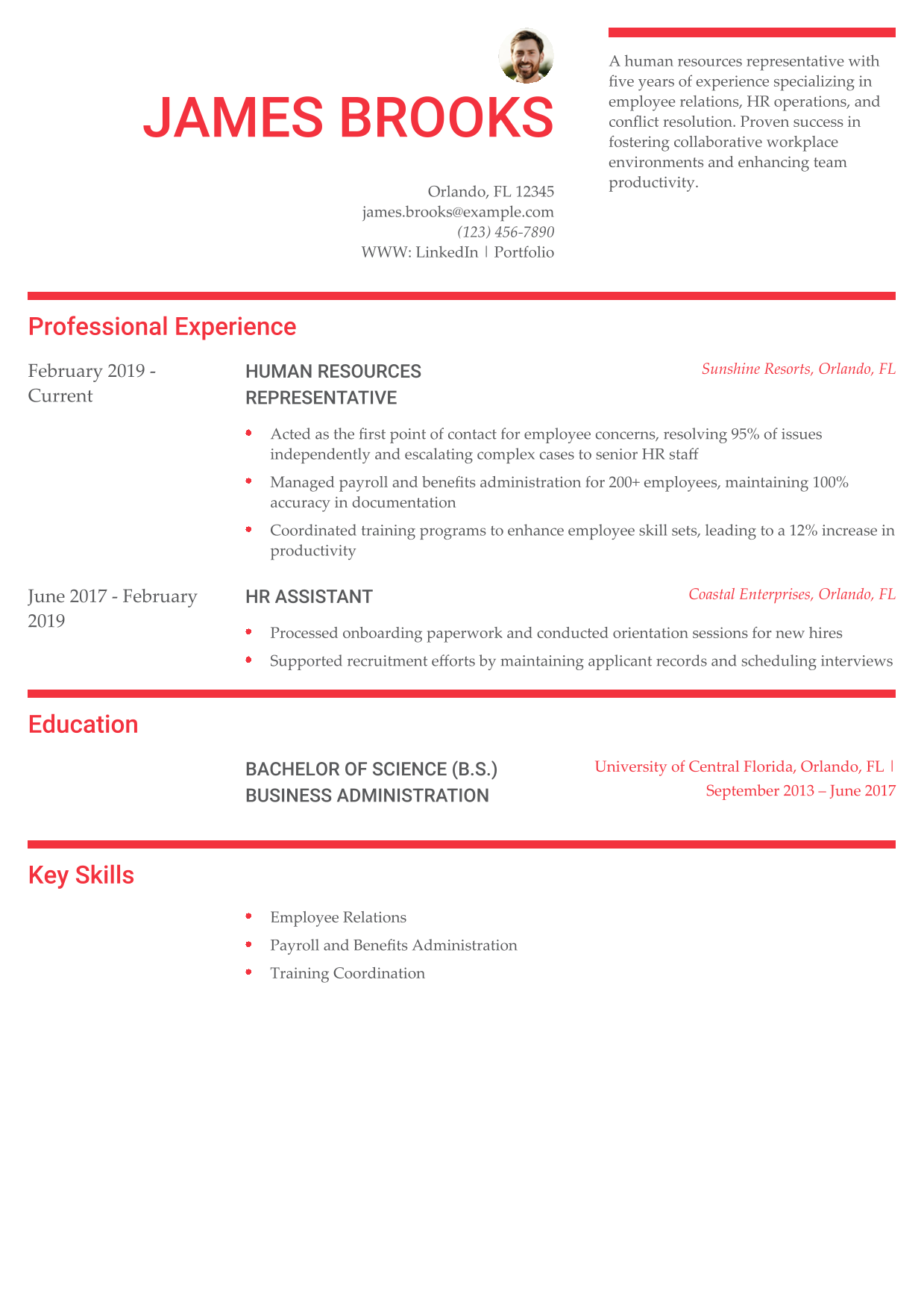 Human Resources Representative Resume Example