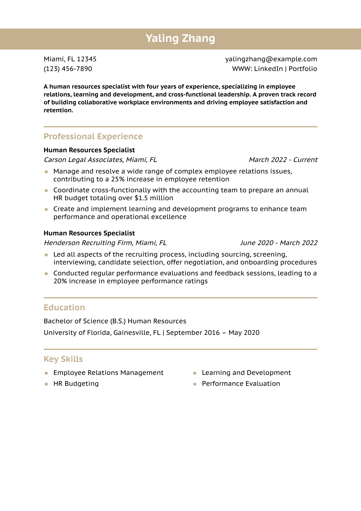 Human Resources Specialist Resume Example