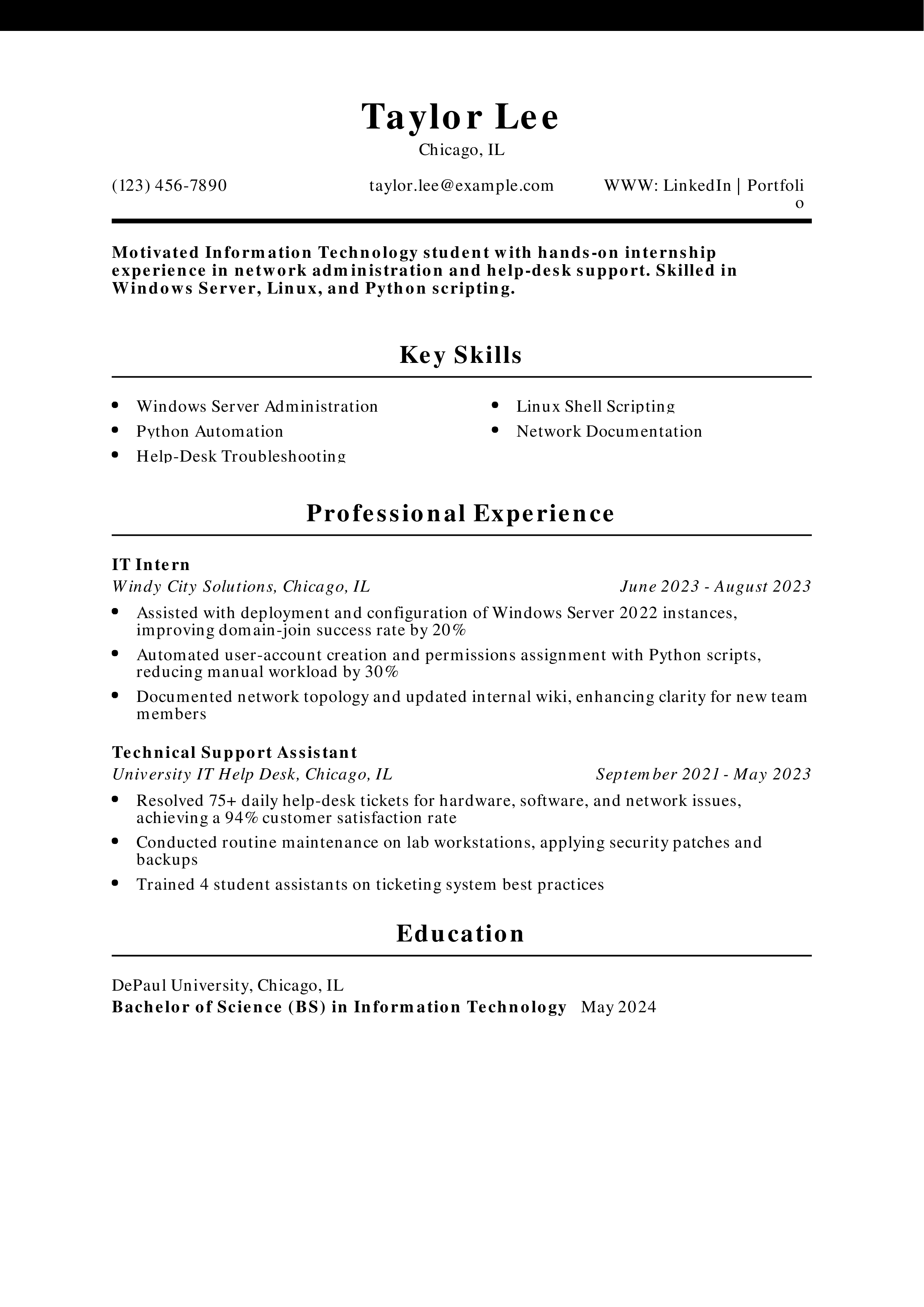Information Technology Internship Resume