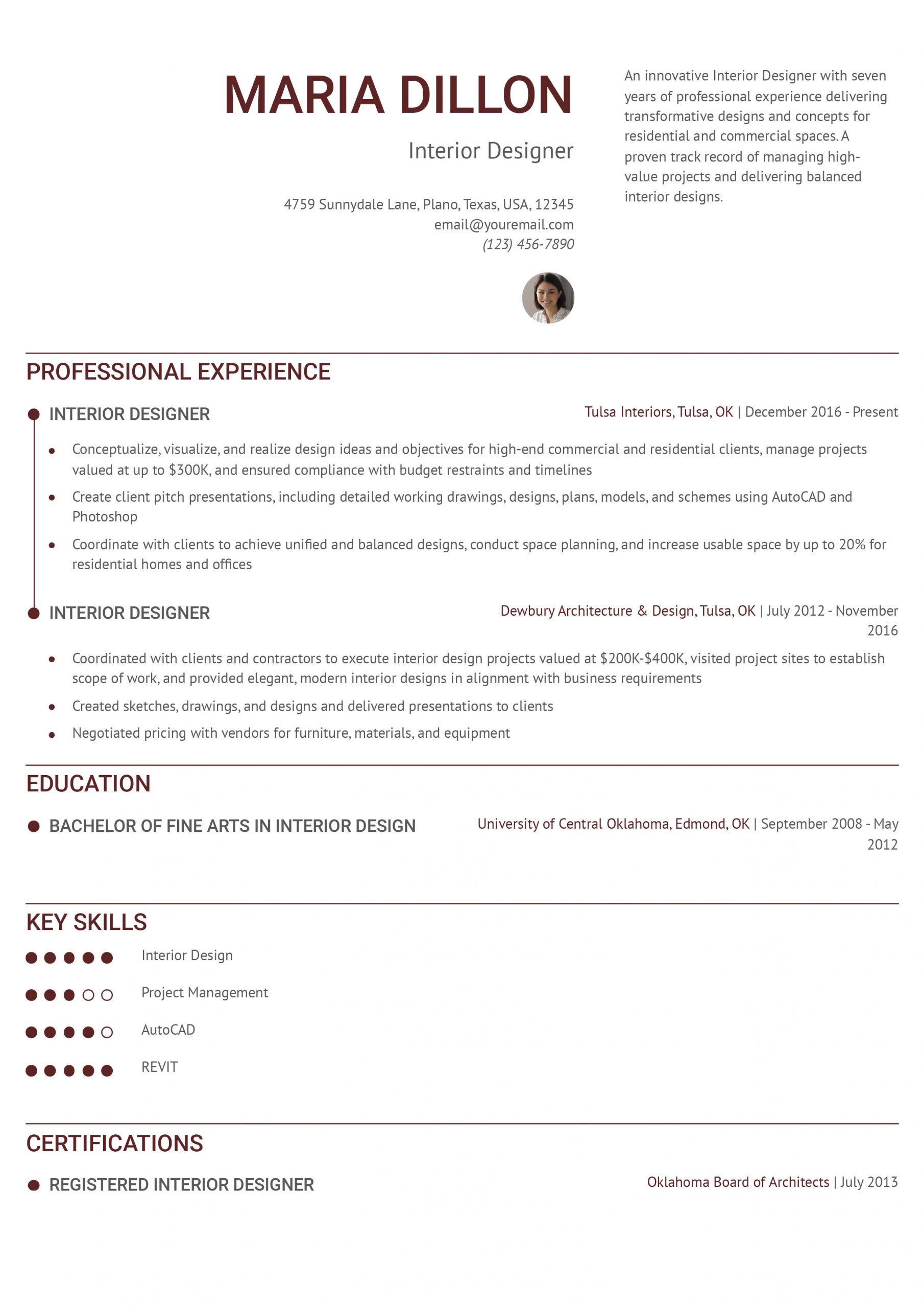 Interior Design Resume Example