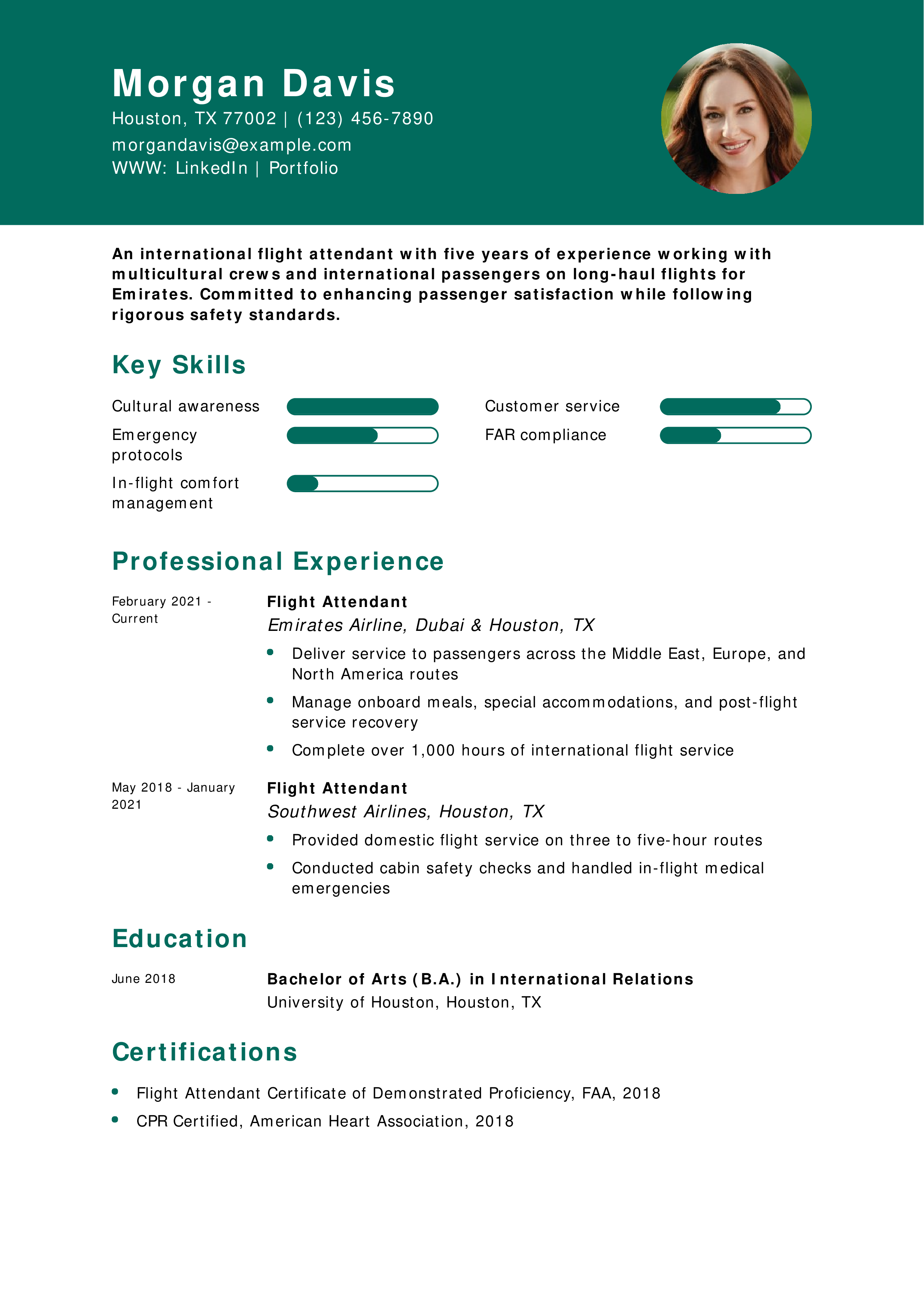International Flight Attendant Resume Example