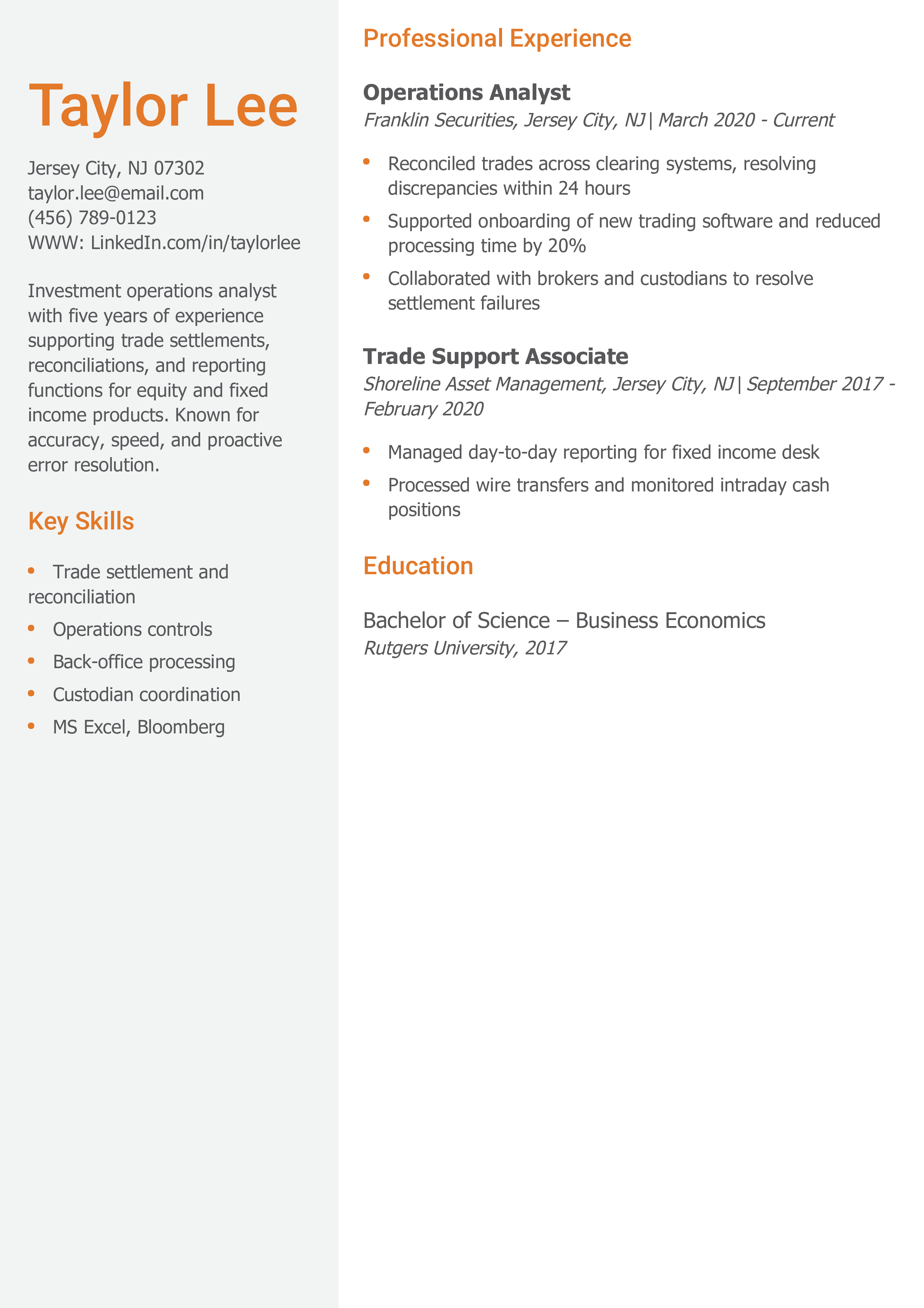 Investment Operations Analyst Resume Example