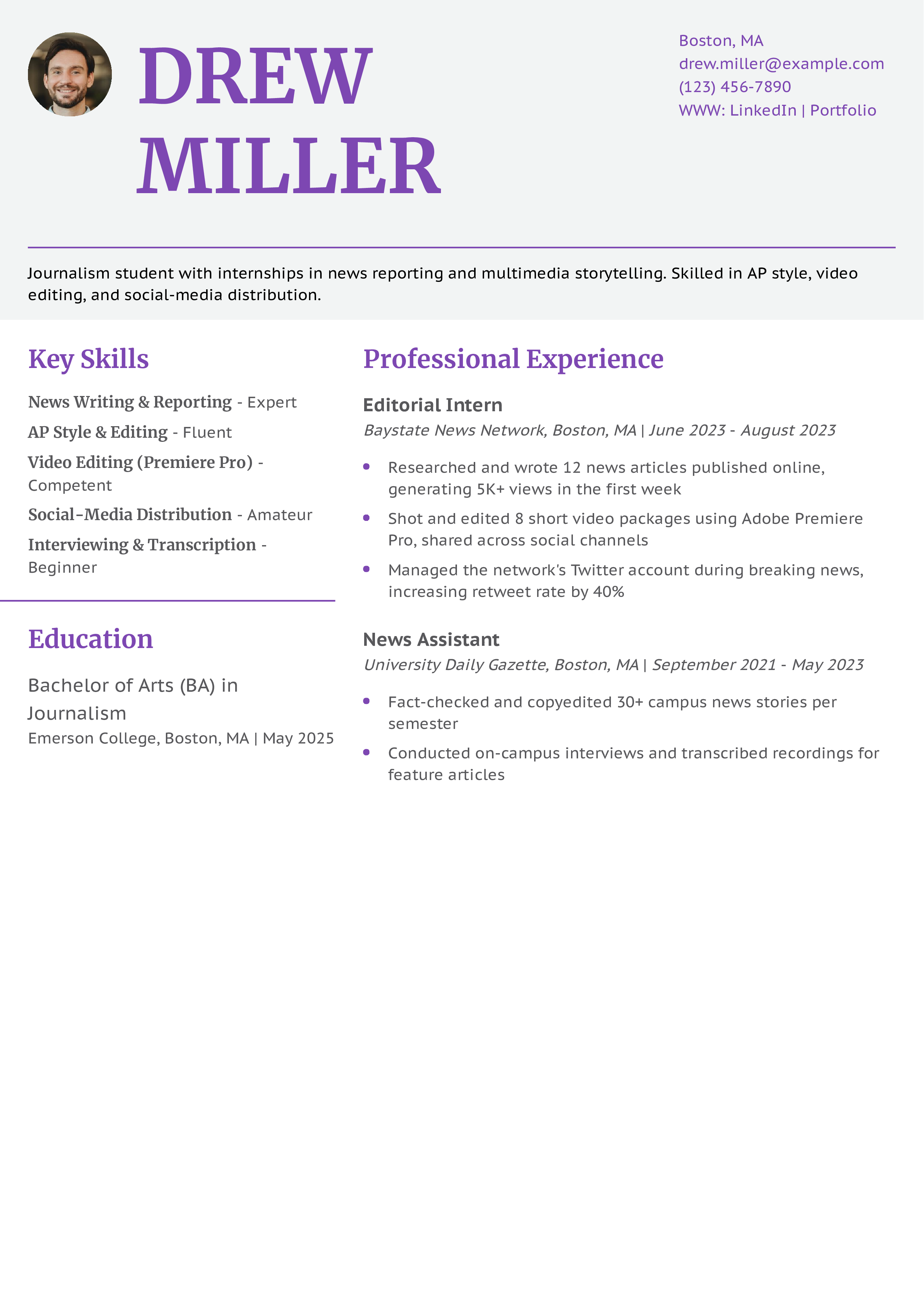 Journalism Internship Resume
