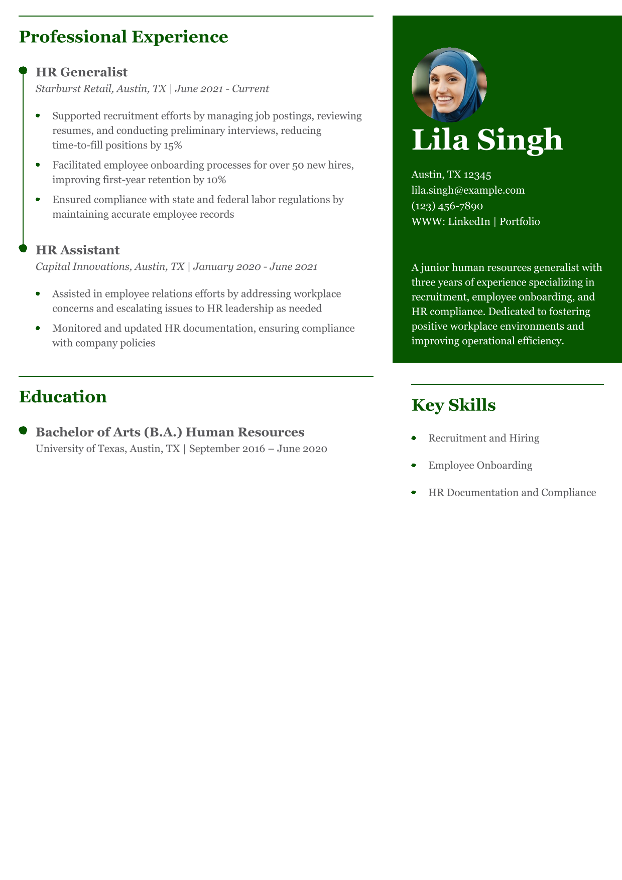 Junior Human Resources Generalist Resume Example