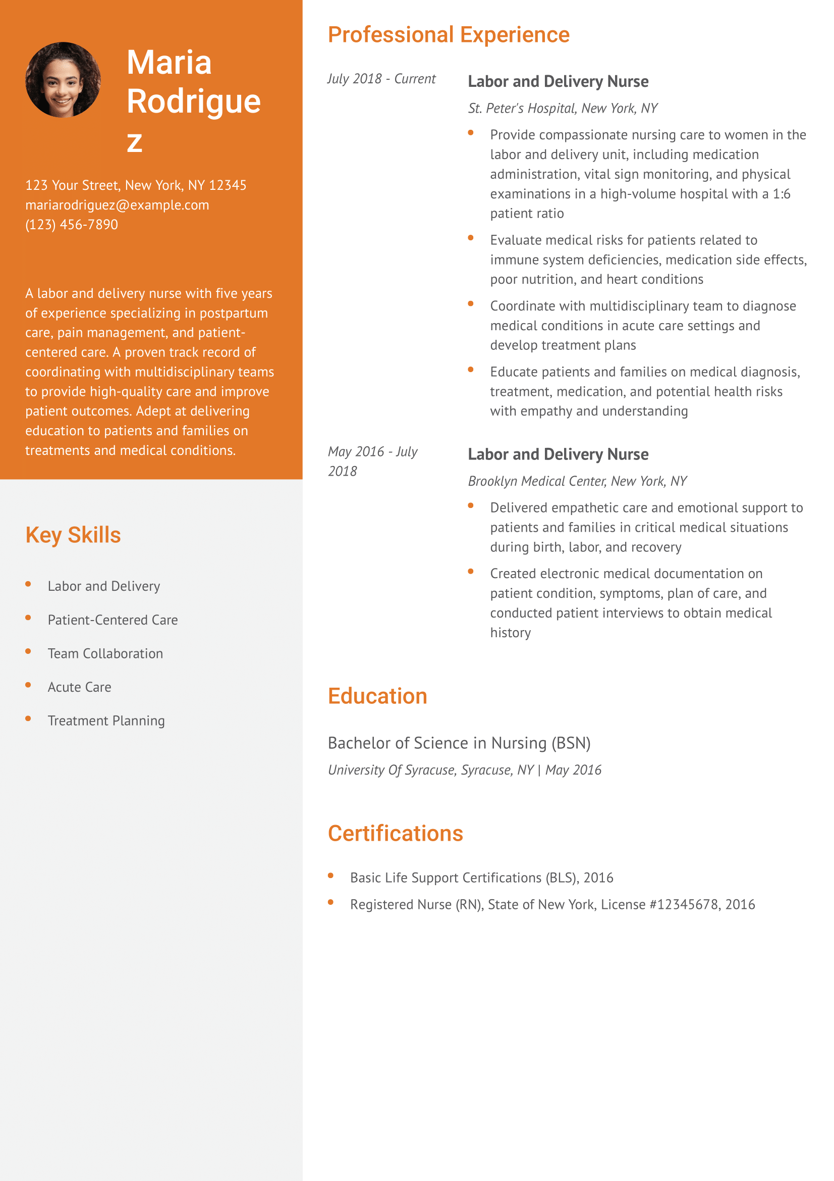 Labor and Delivery Nurse Resume Example
