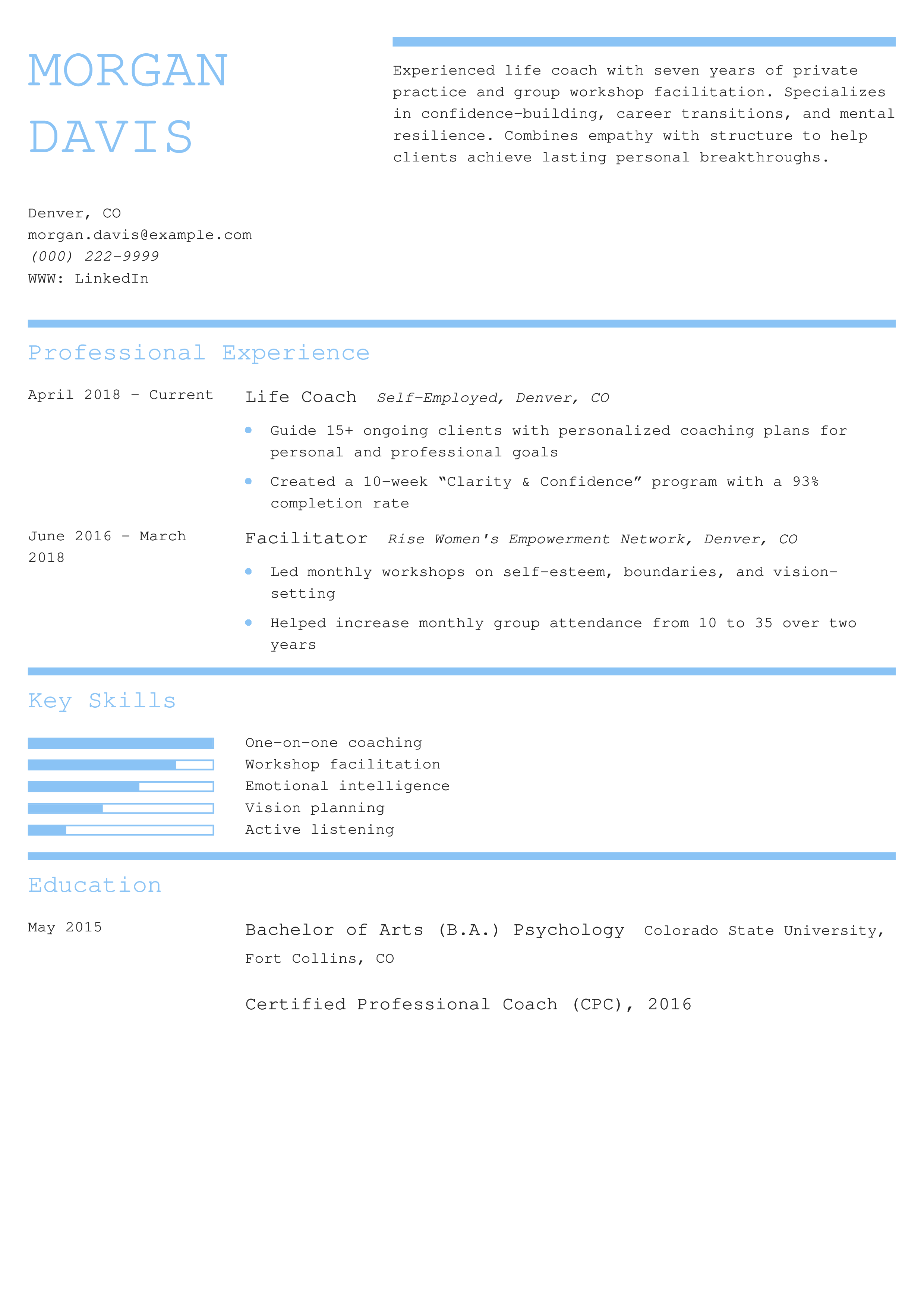 Life Coach Resume Example