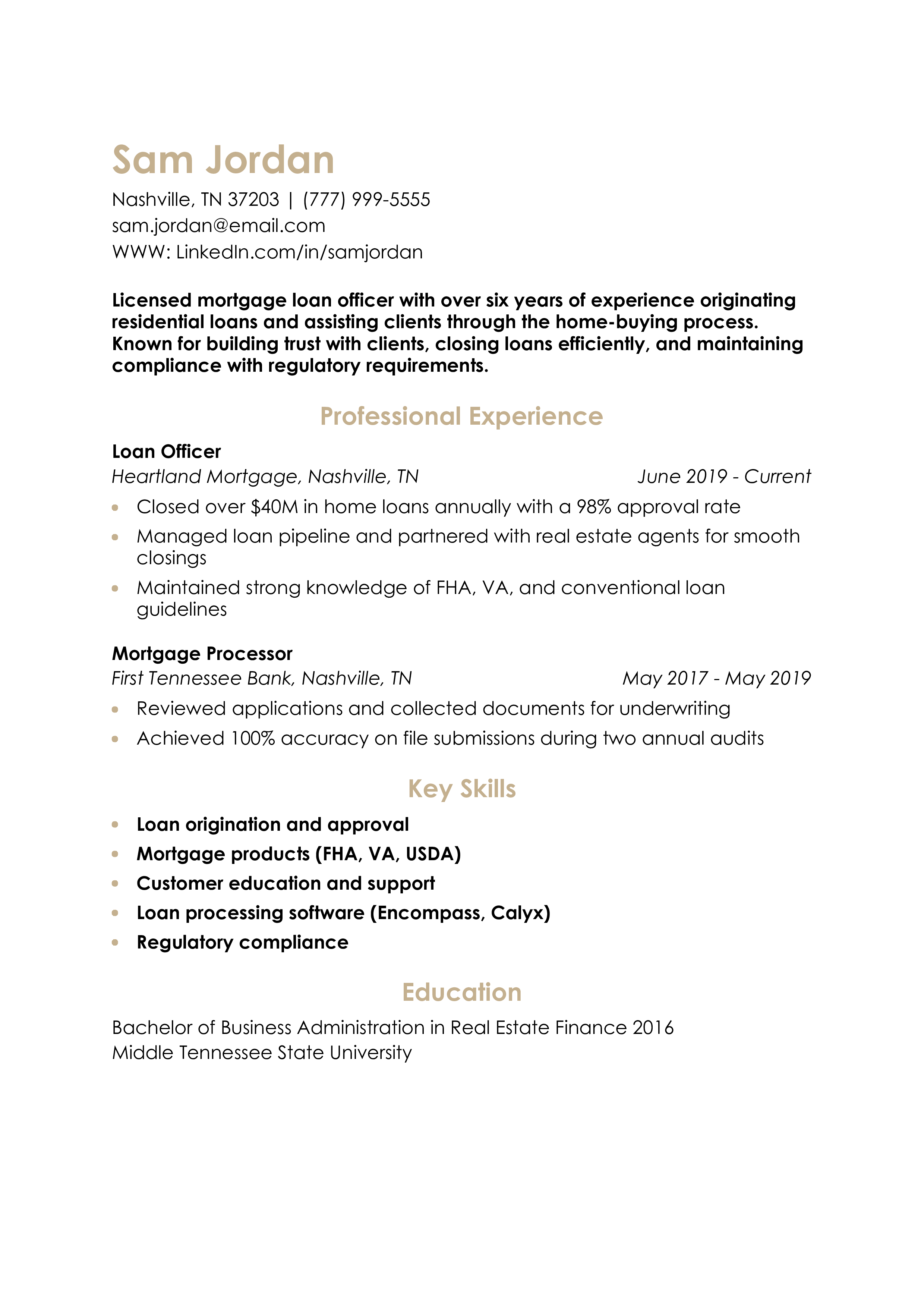 Mortgage Loan Officer Resume Example