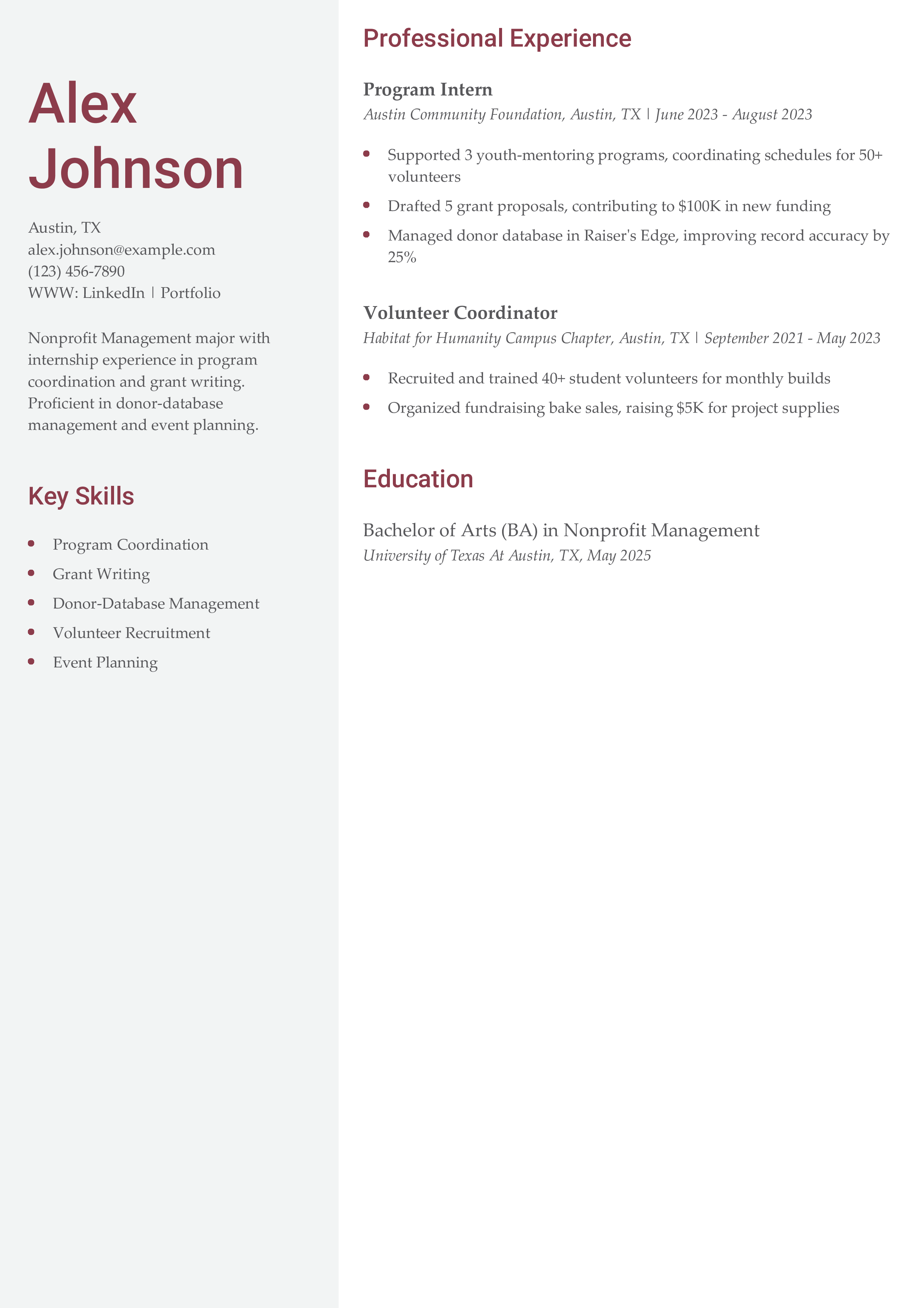 Nonprofit Management Internship Resume