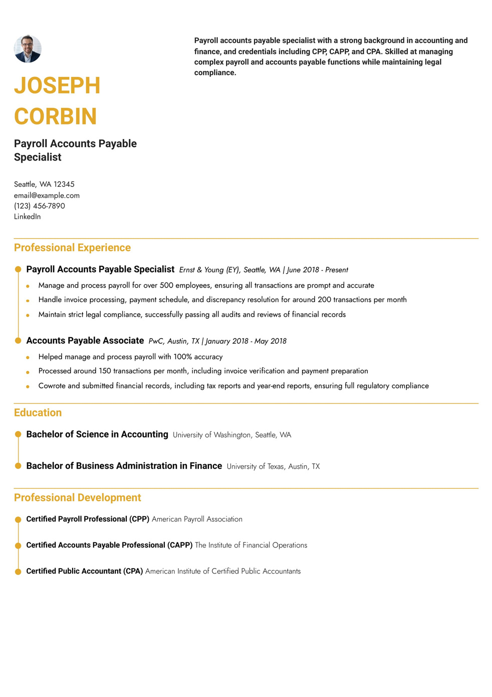 Payroll Accounts Payable Specialist Resume Example