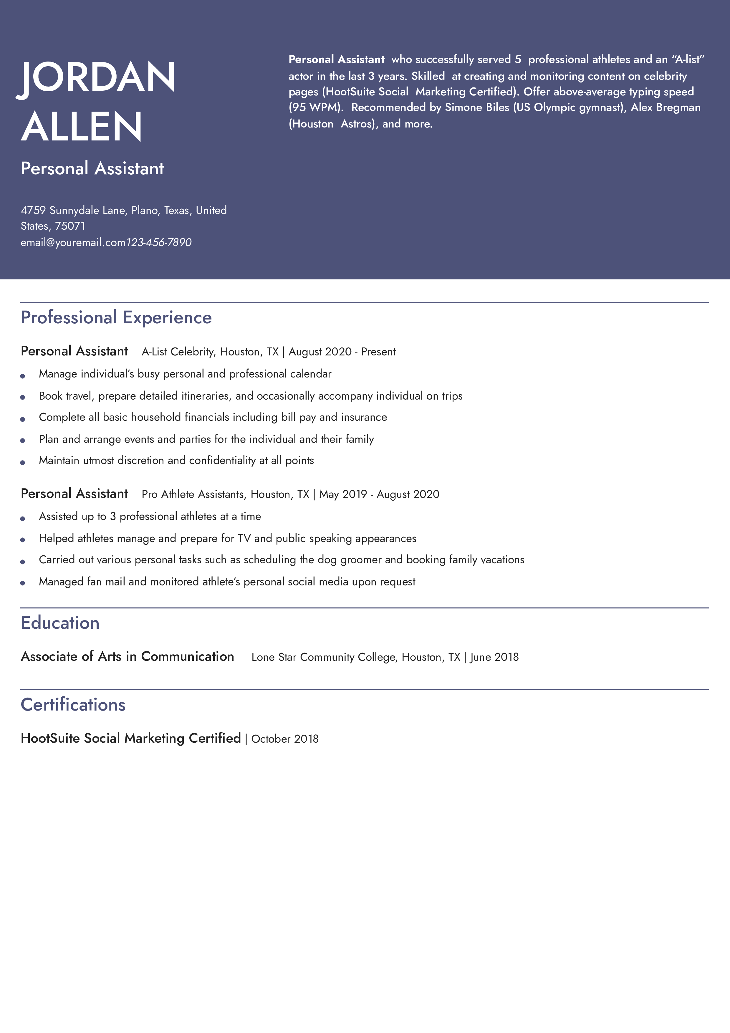 Personal Assistant - Entry-Level Resume Example