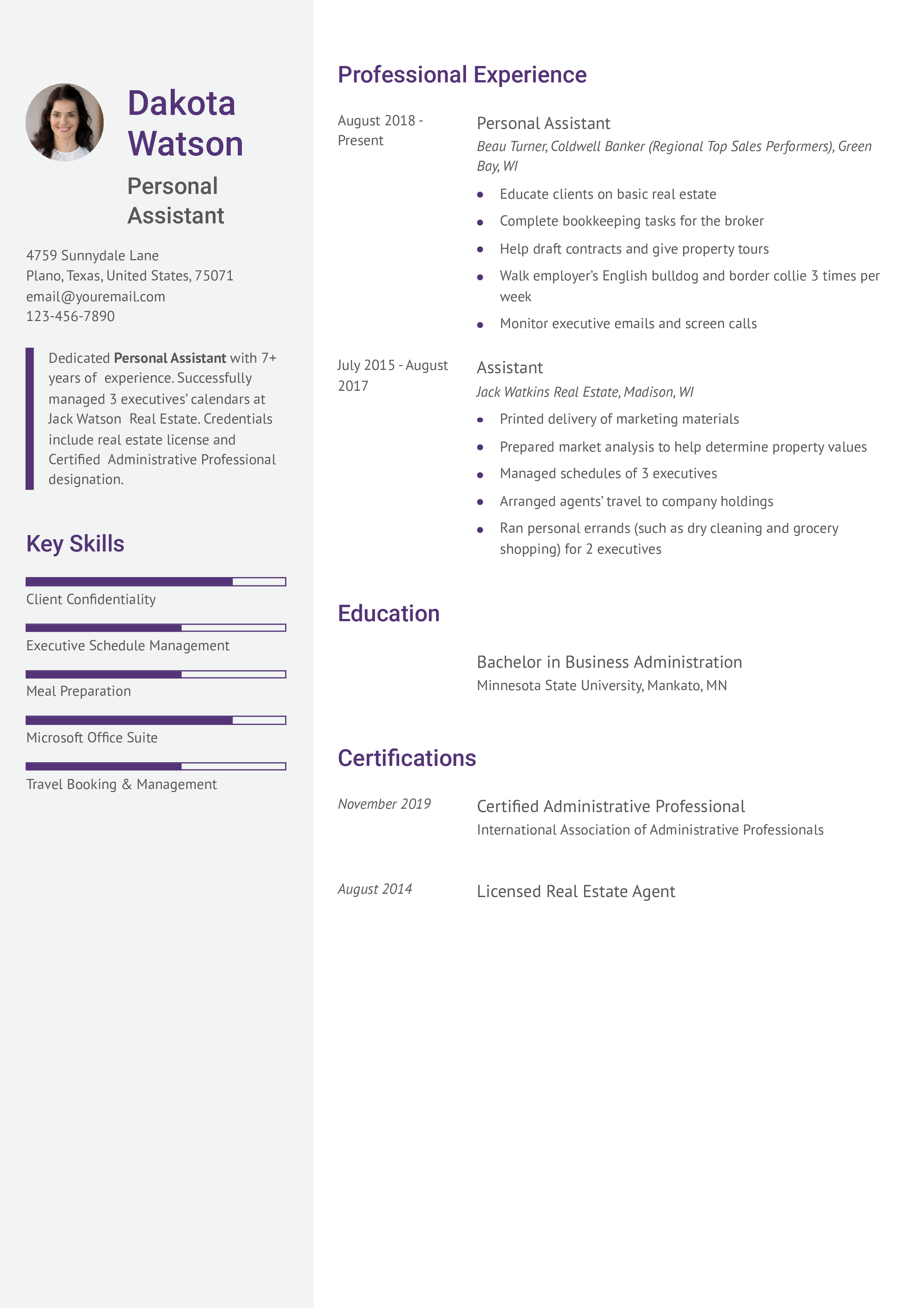 Personal Assistant - Mid-Level Resume Example