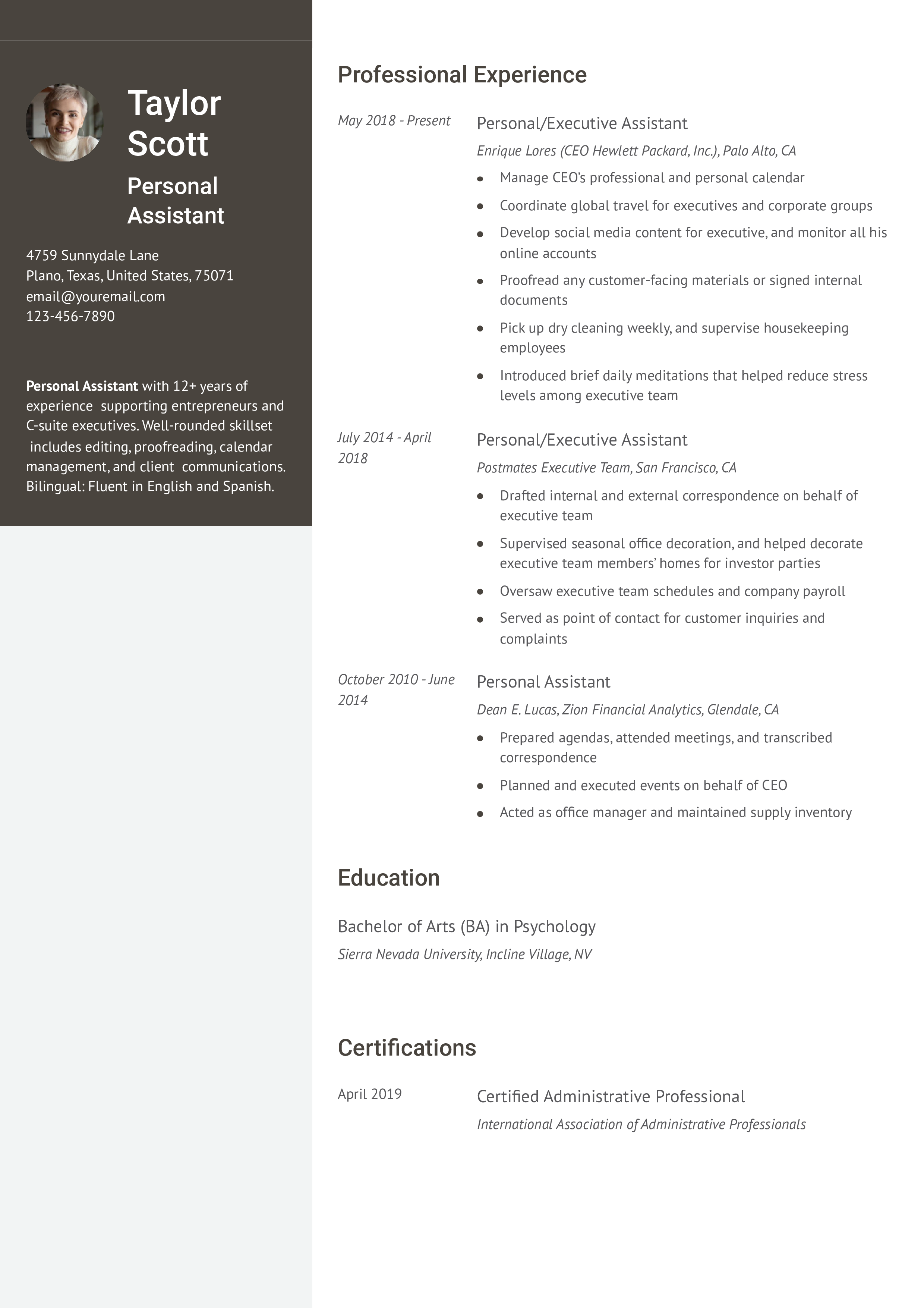 Personal Assistant - Senior-Level Resume Example