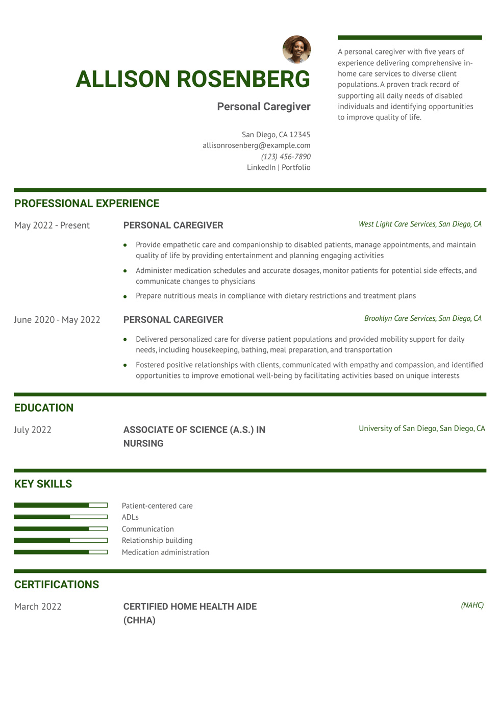 Personal Caregiver Resume Example