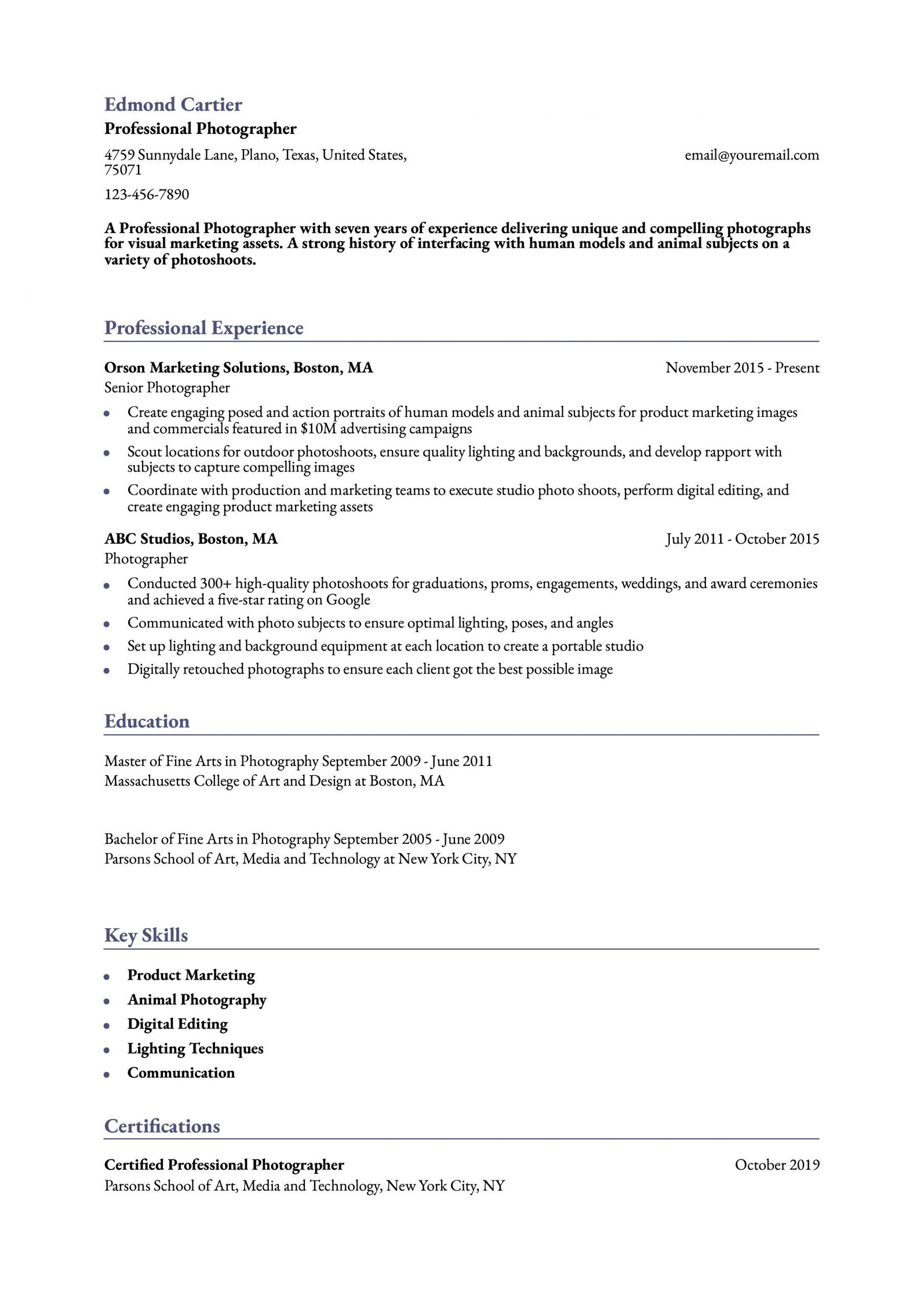 Photographer Resume Example