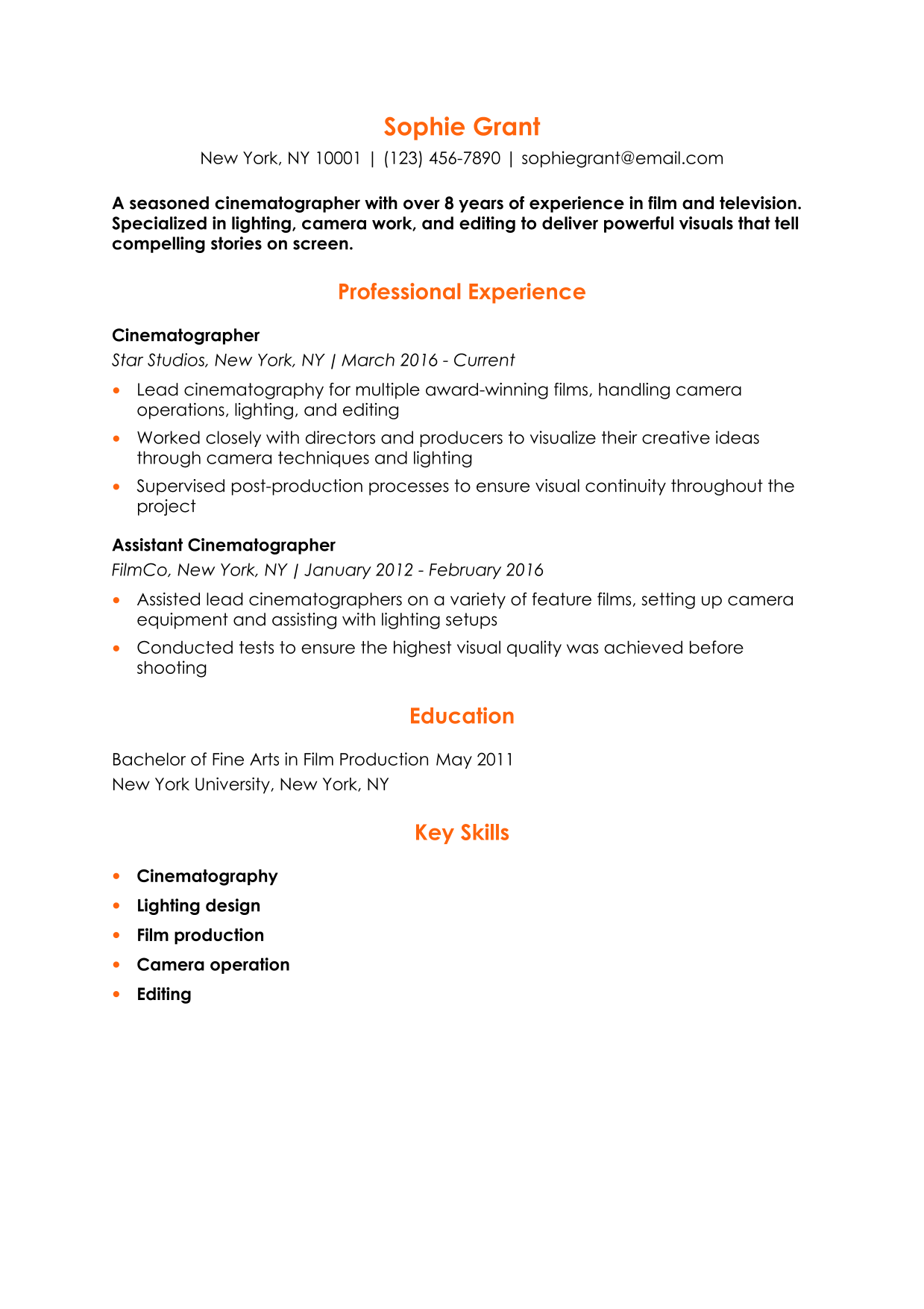 Production Cinematographer Resume Example