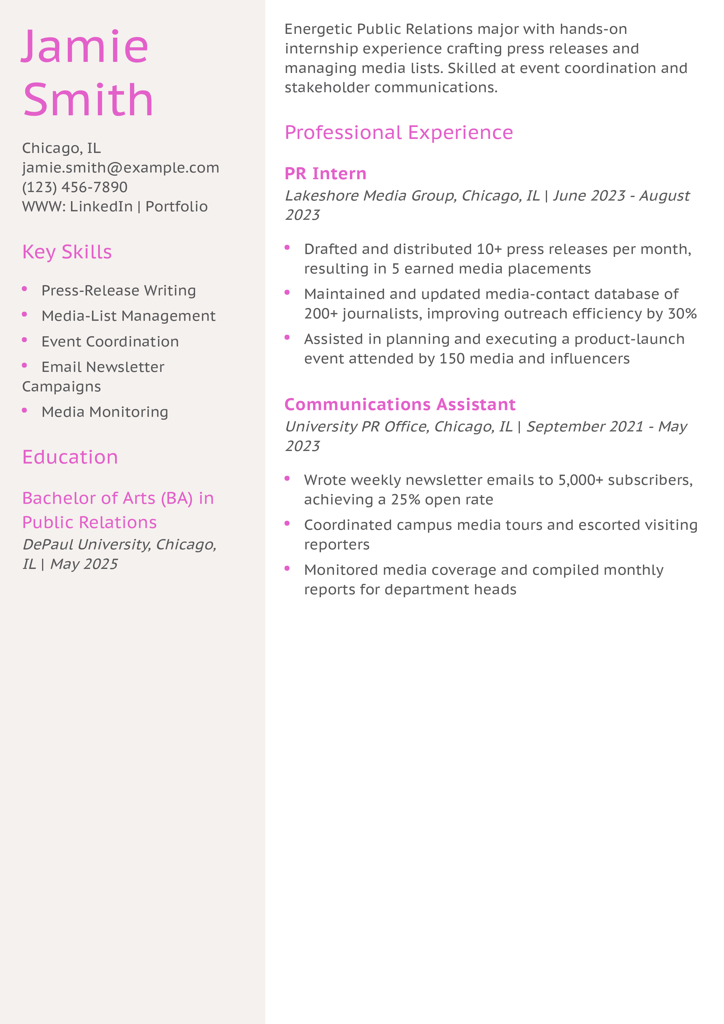 Public Relations Internship Resume