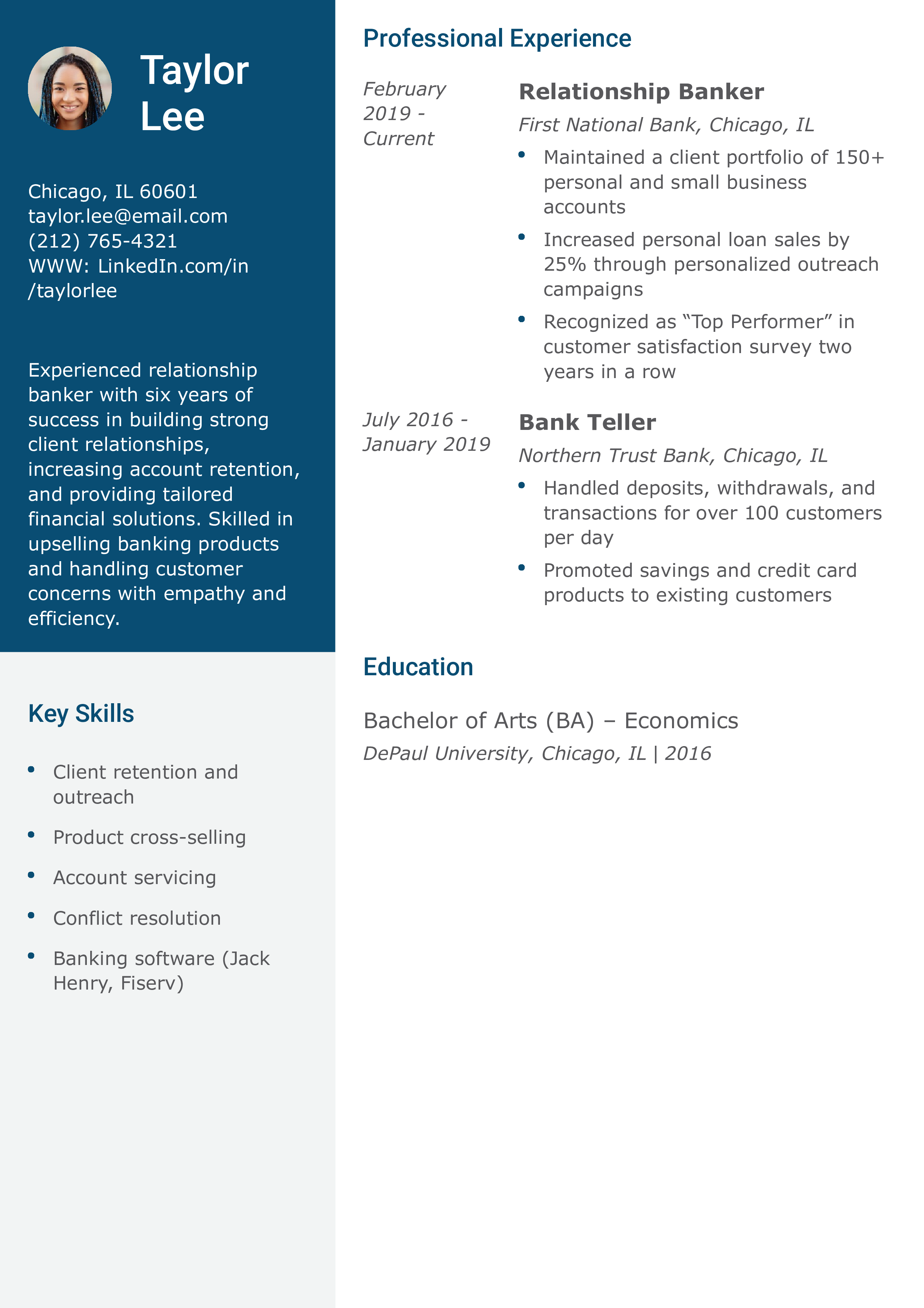 Relationship Banker Resume Example