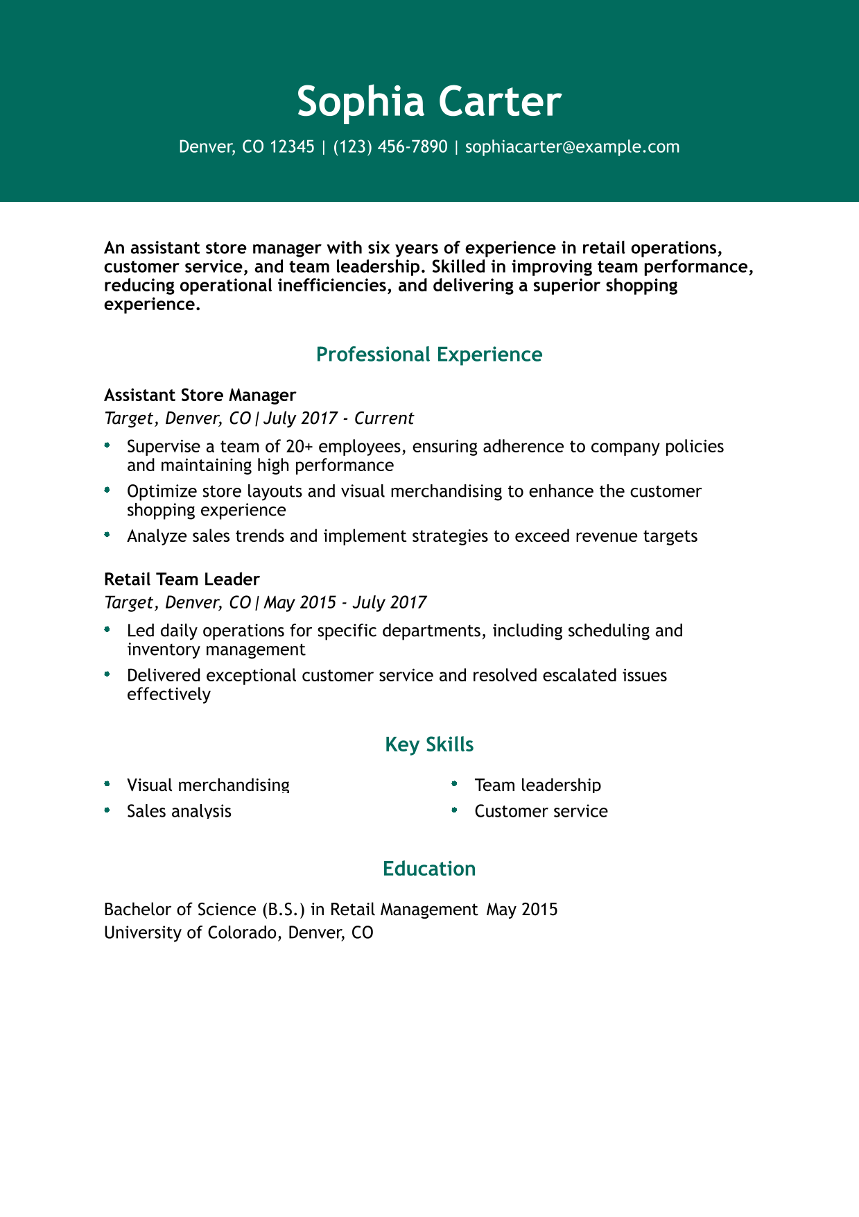 Retail Assistant Store Manager Resume Example