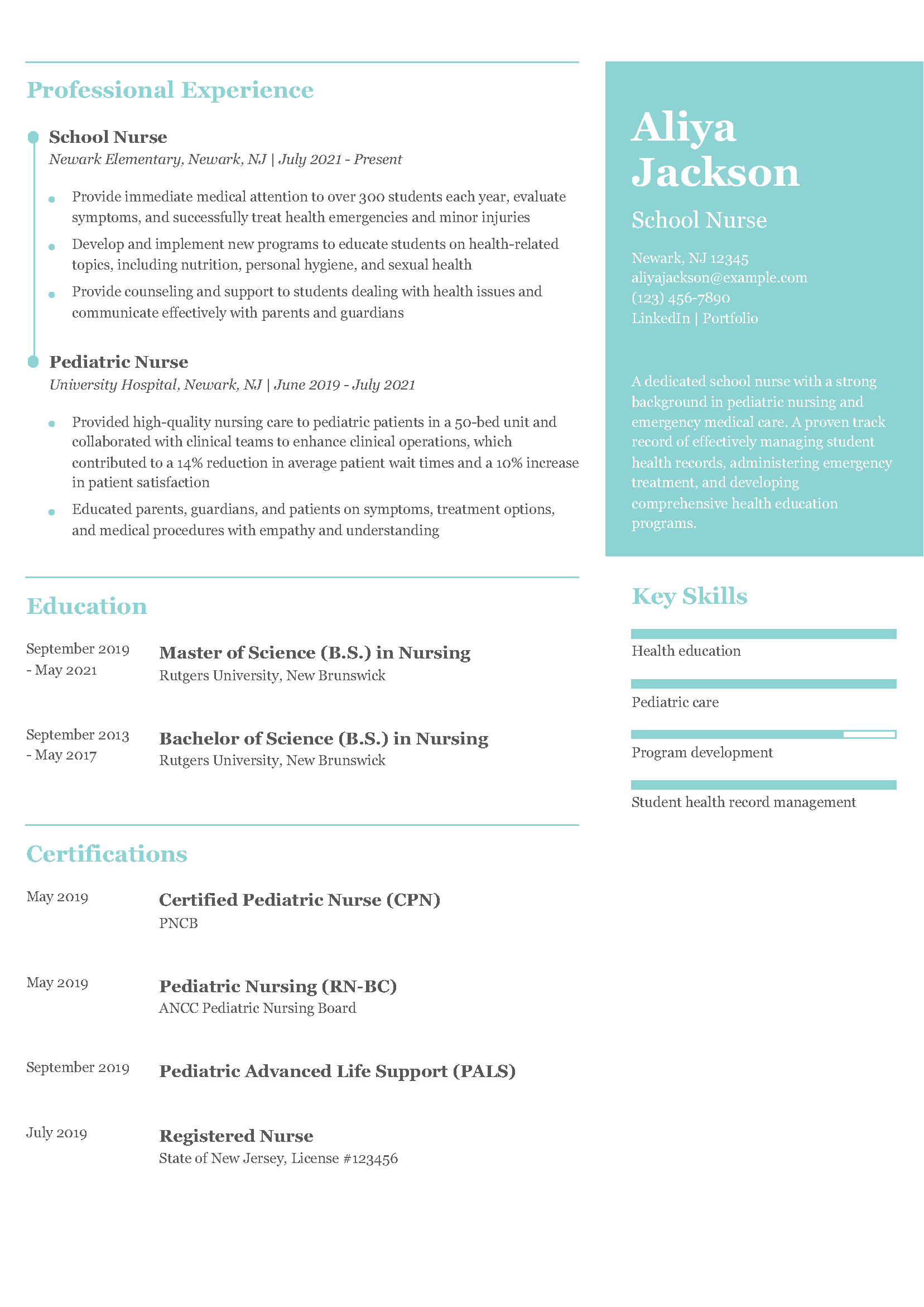 School Nurse Resume Example