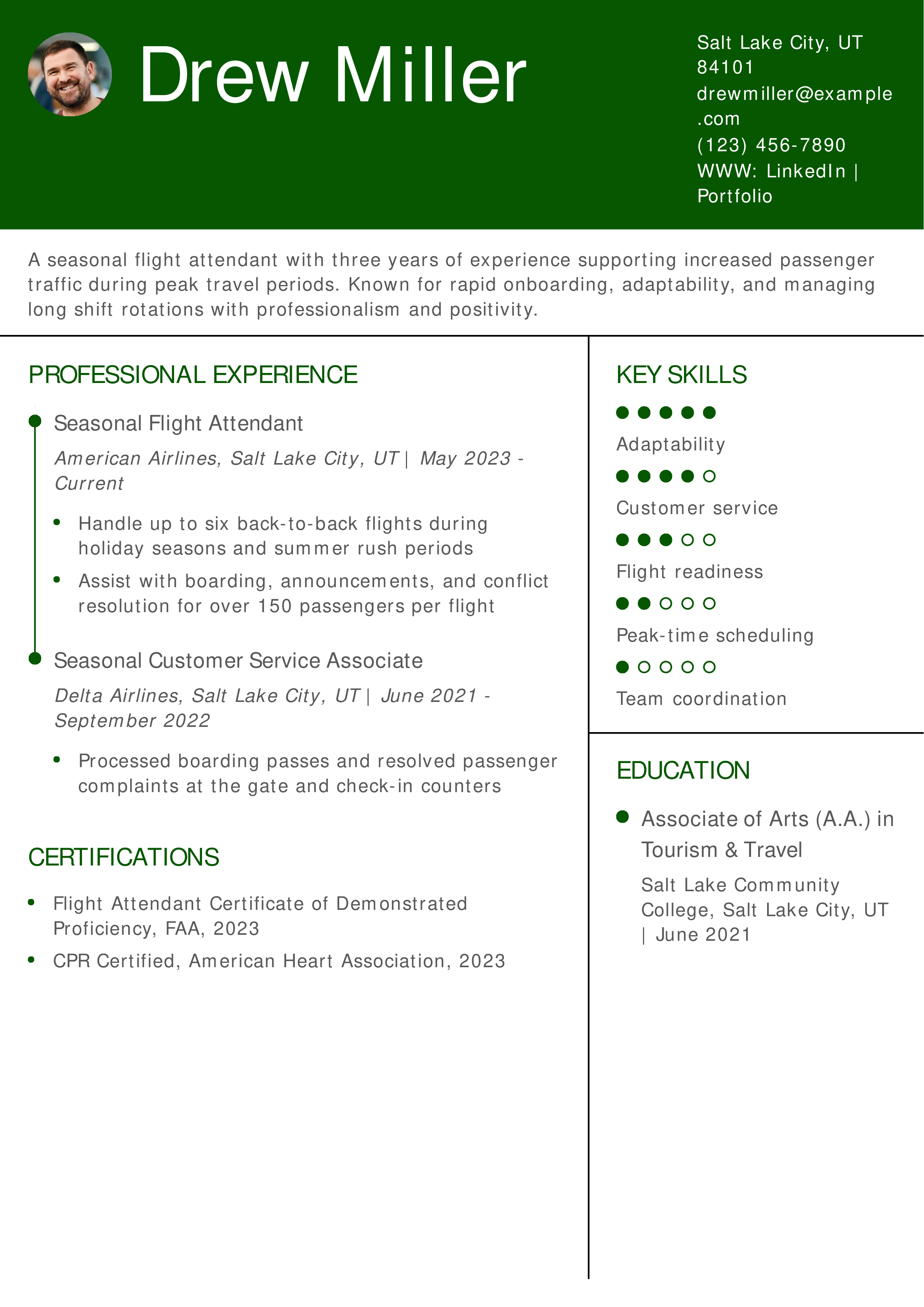 Seasonal Airline Crew Resume Example