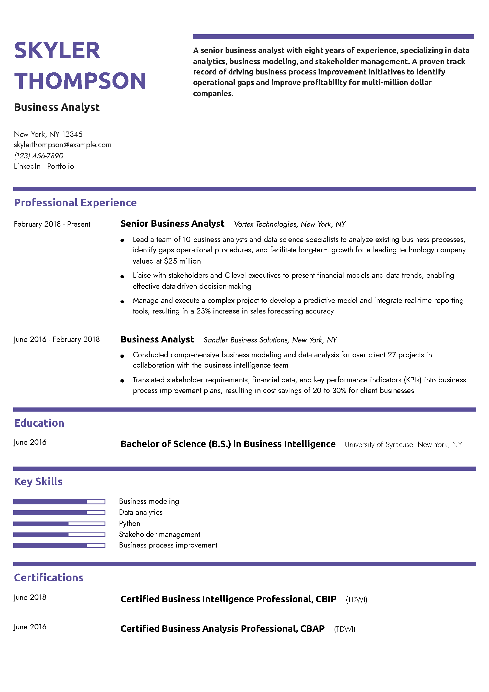 Senior Business Analyst Resume Example