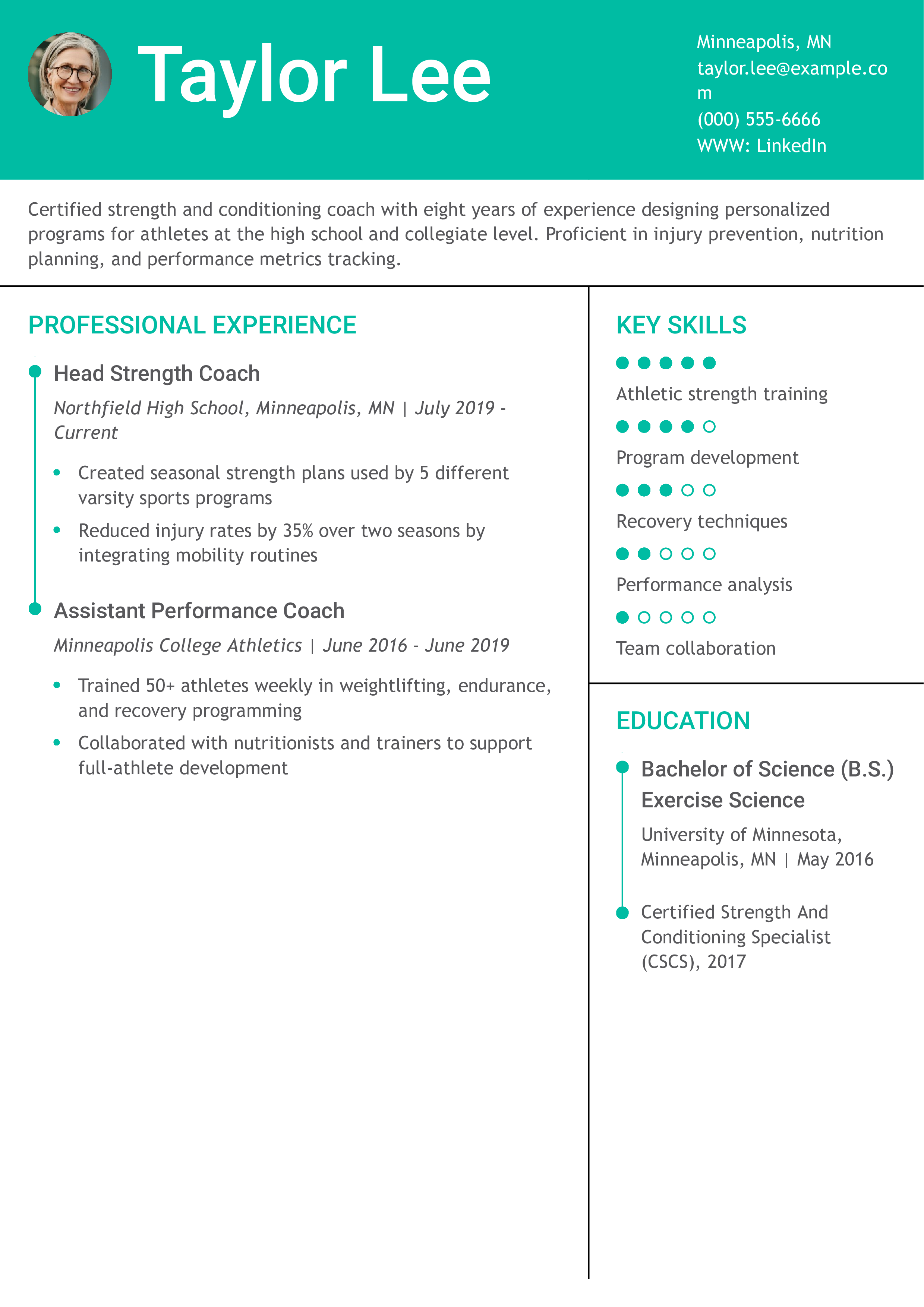Strength and Conditioning Coach Resume Example