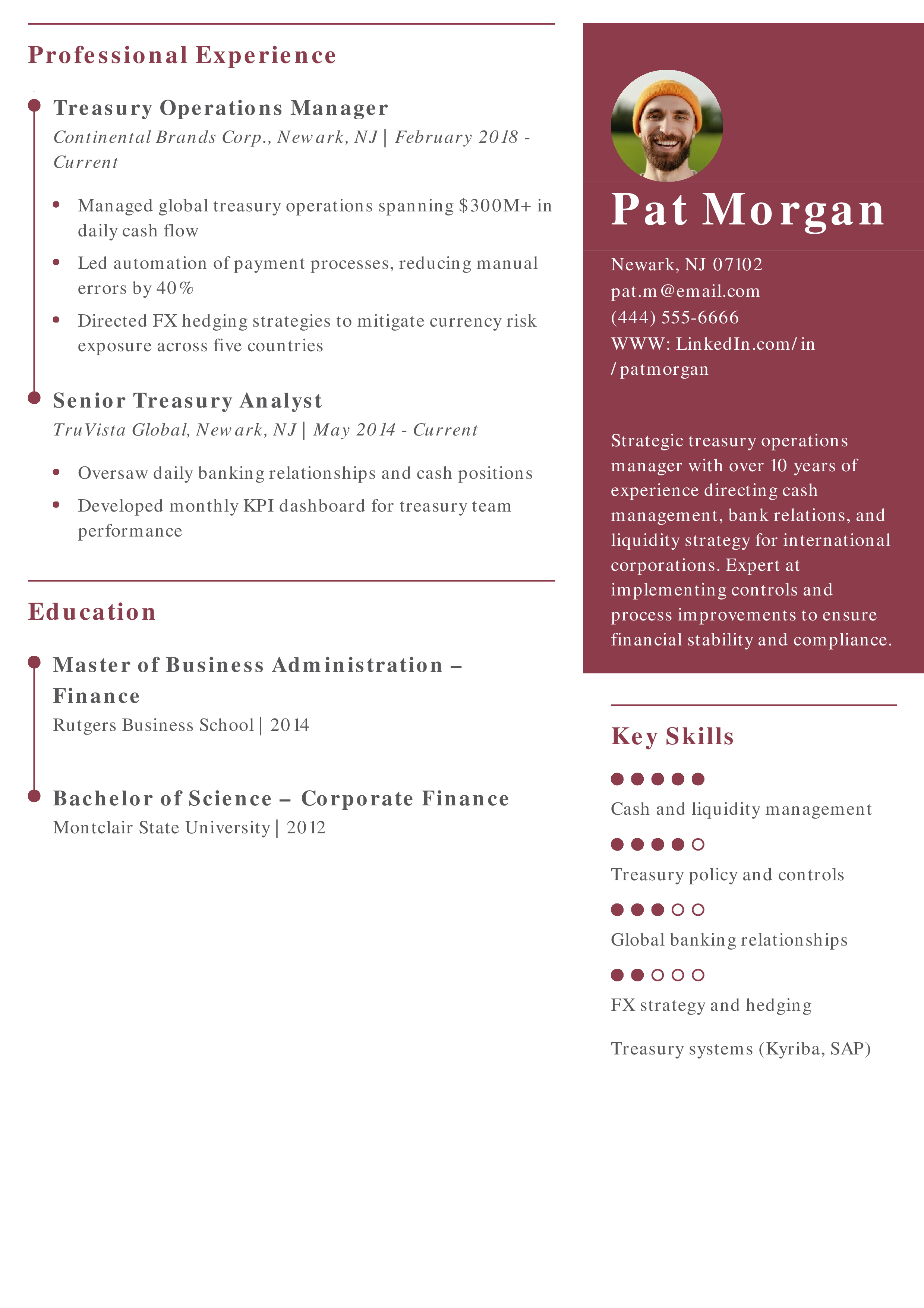 Treasury Operations Manager Resume Example