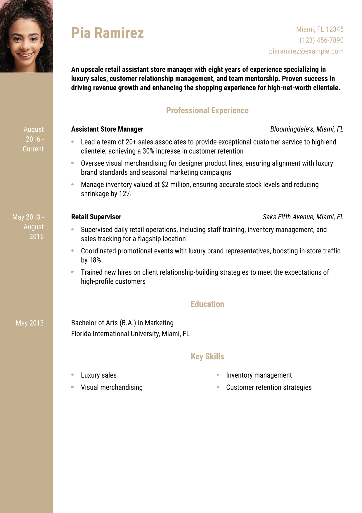 Upscale Retail Assistant Store Manager Resume Example