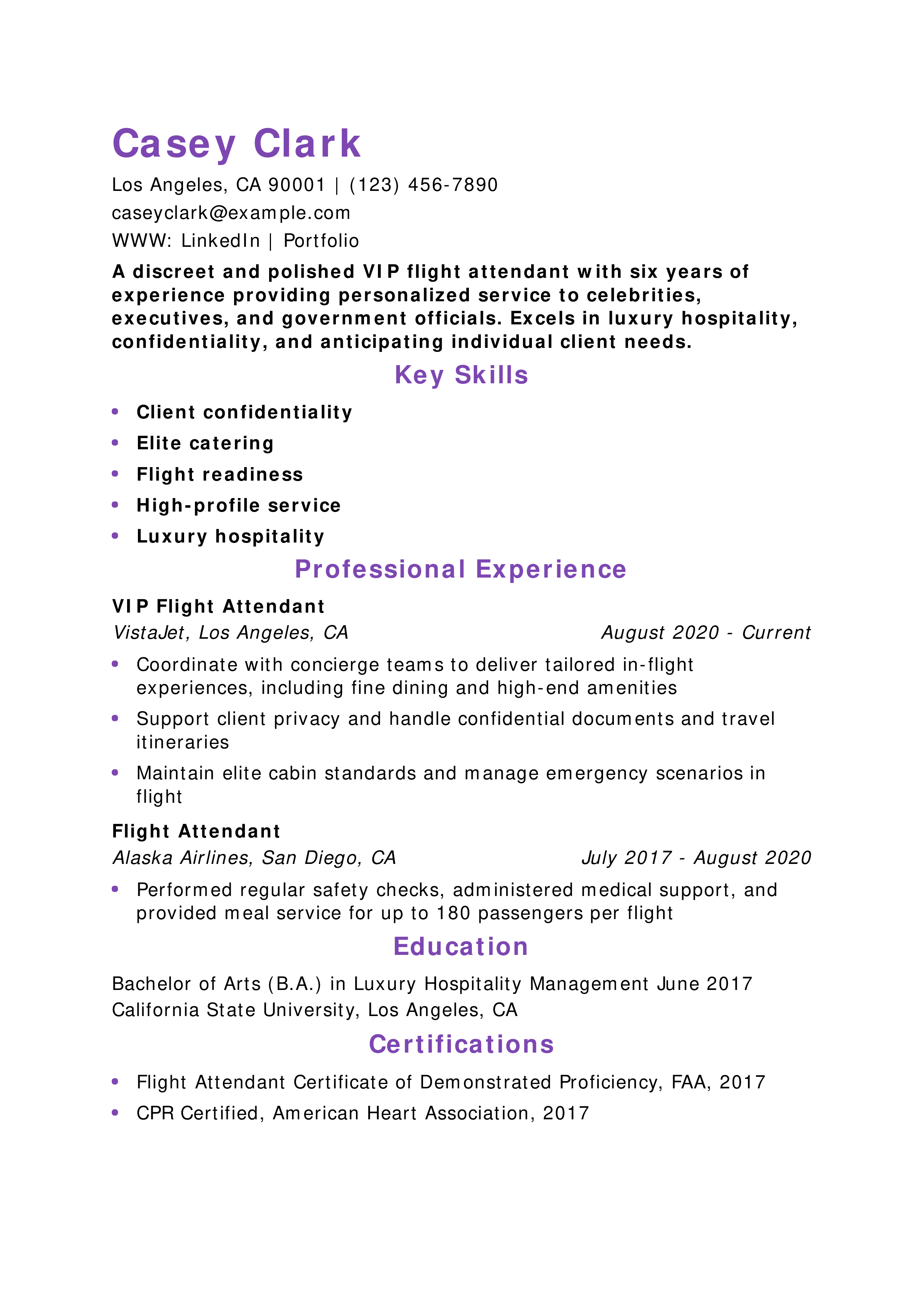 VIP Flight Attendant Resume Example