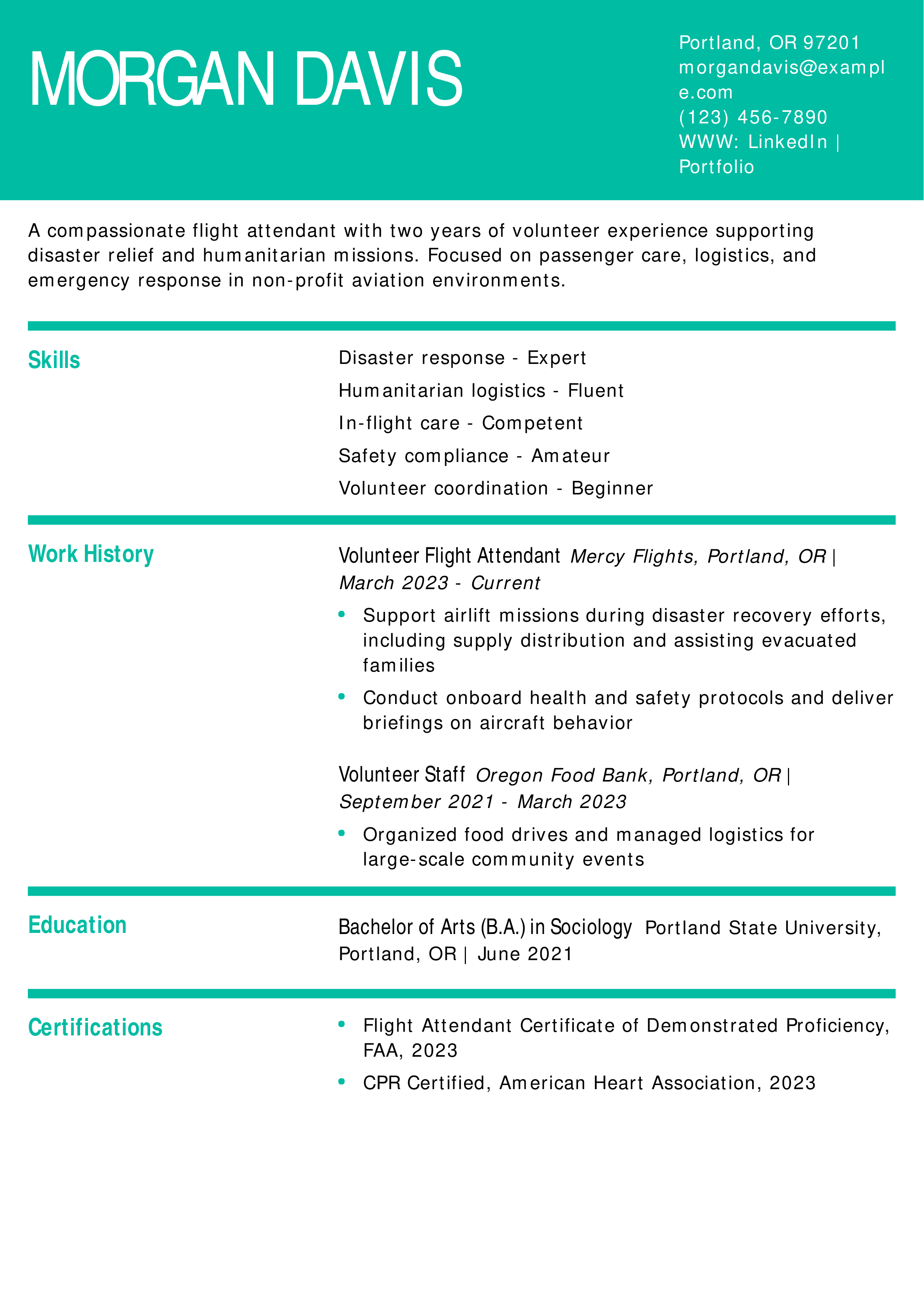 Volunteer-Based Flight Attendant Resume Example