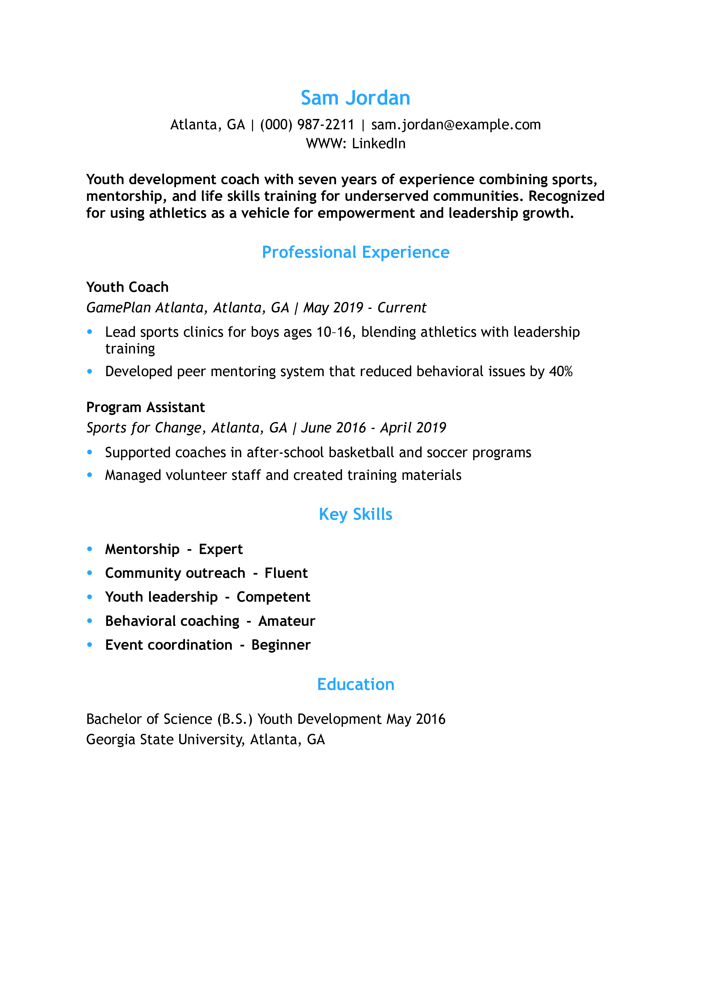 Youth Development Coach Resume Example