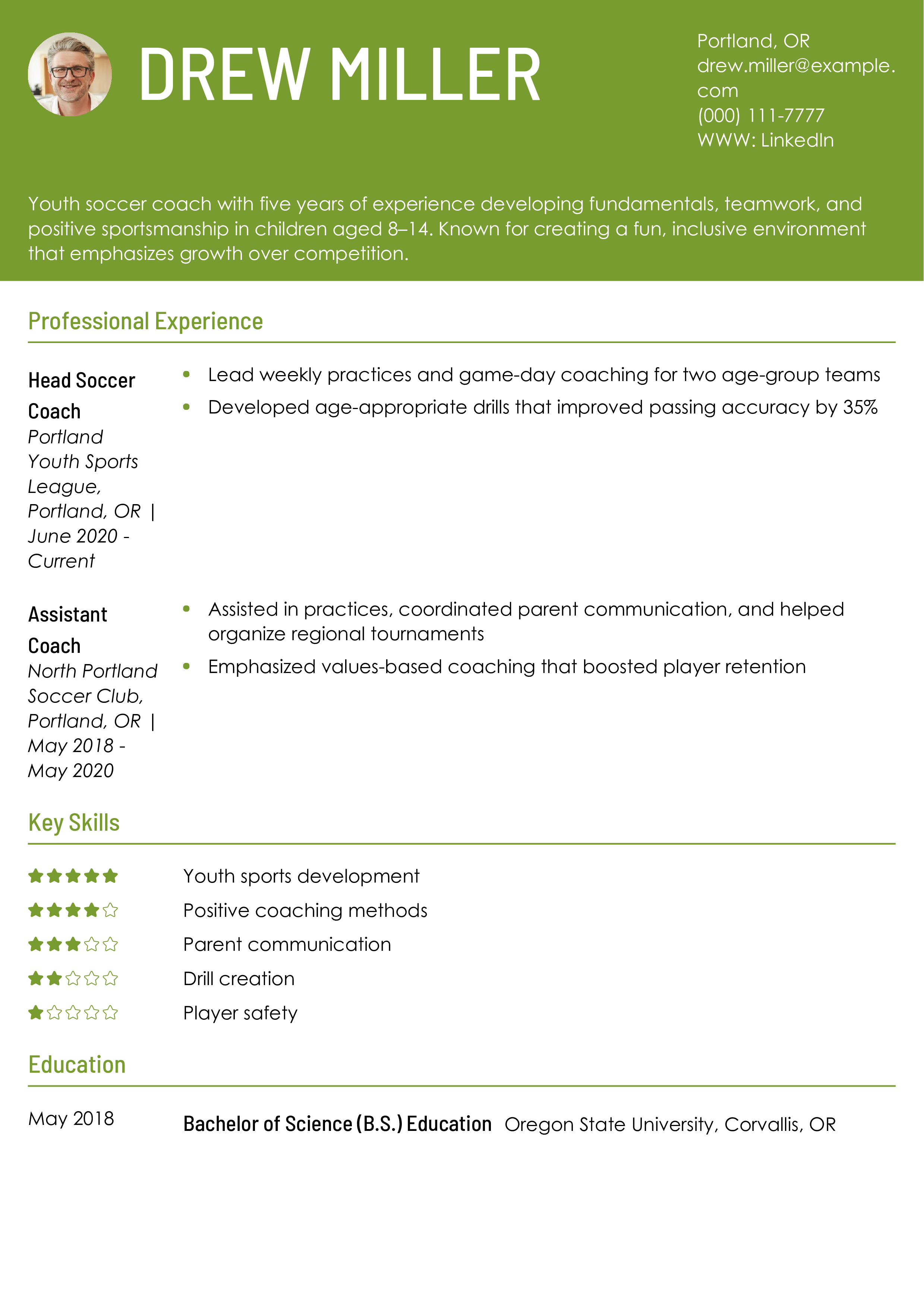 Youth Soccer Coach Resume Example
