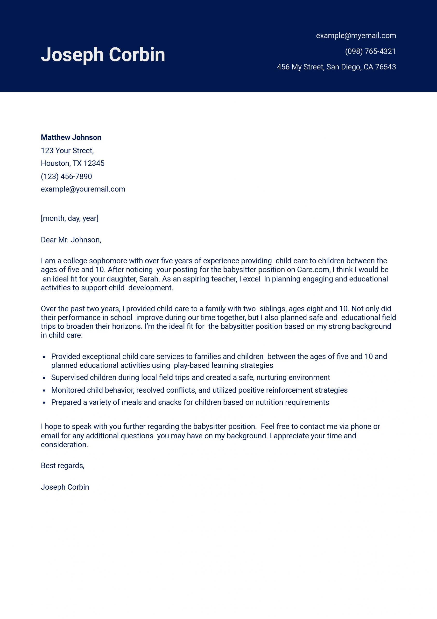 Babysitter Cover Letter Examples and Templates for 2025