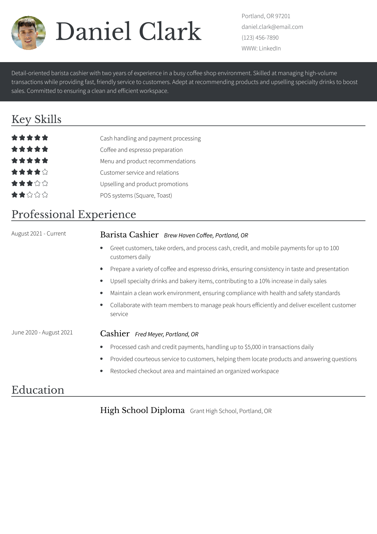 Barista Cashier Resume Example