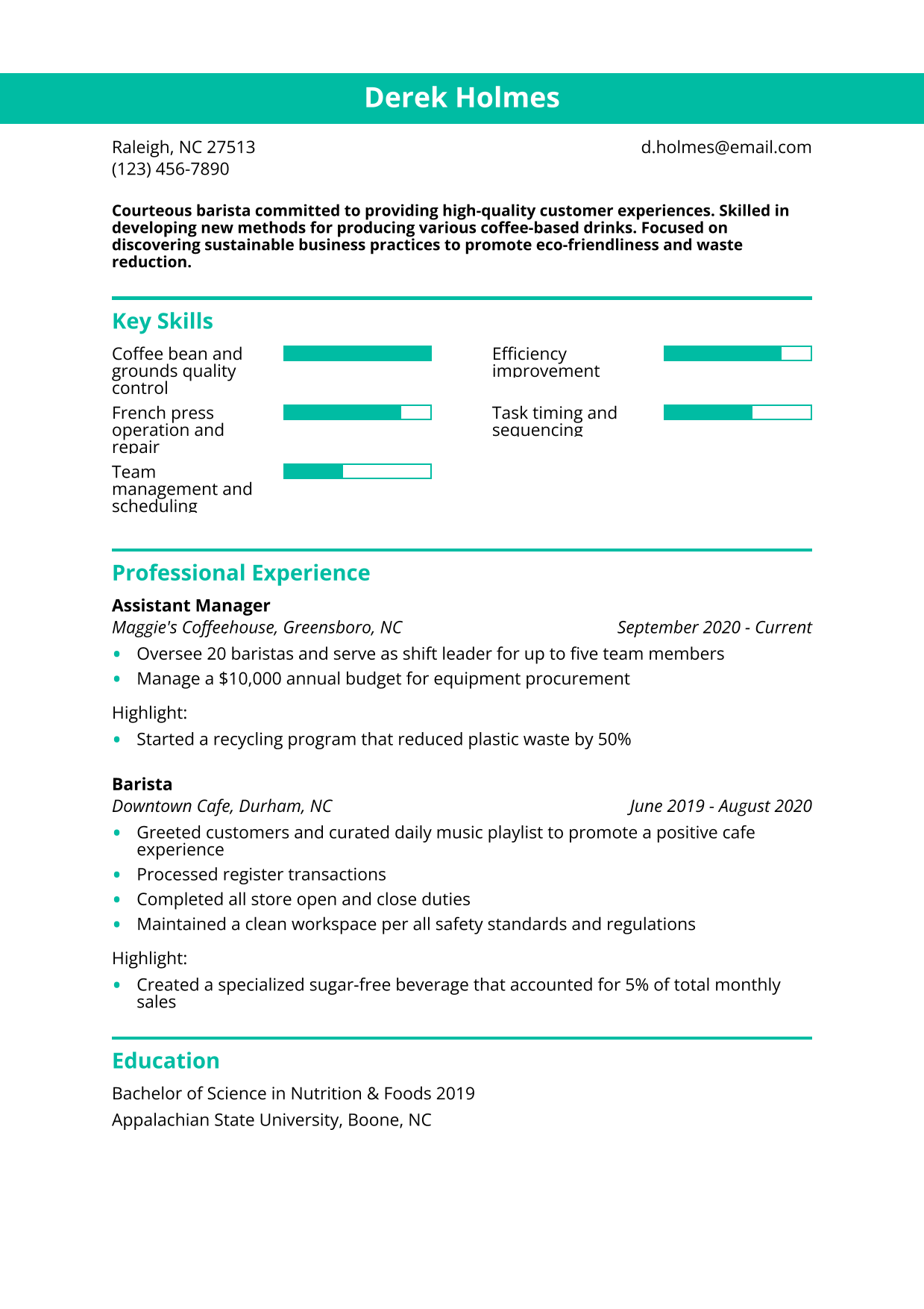 Barista Resume Example