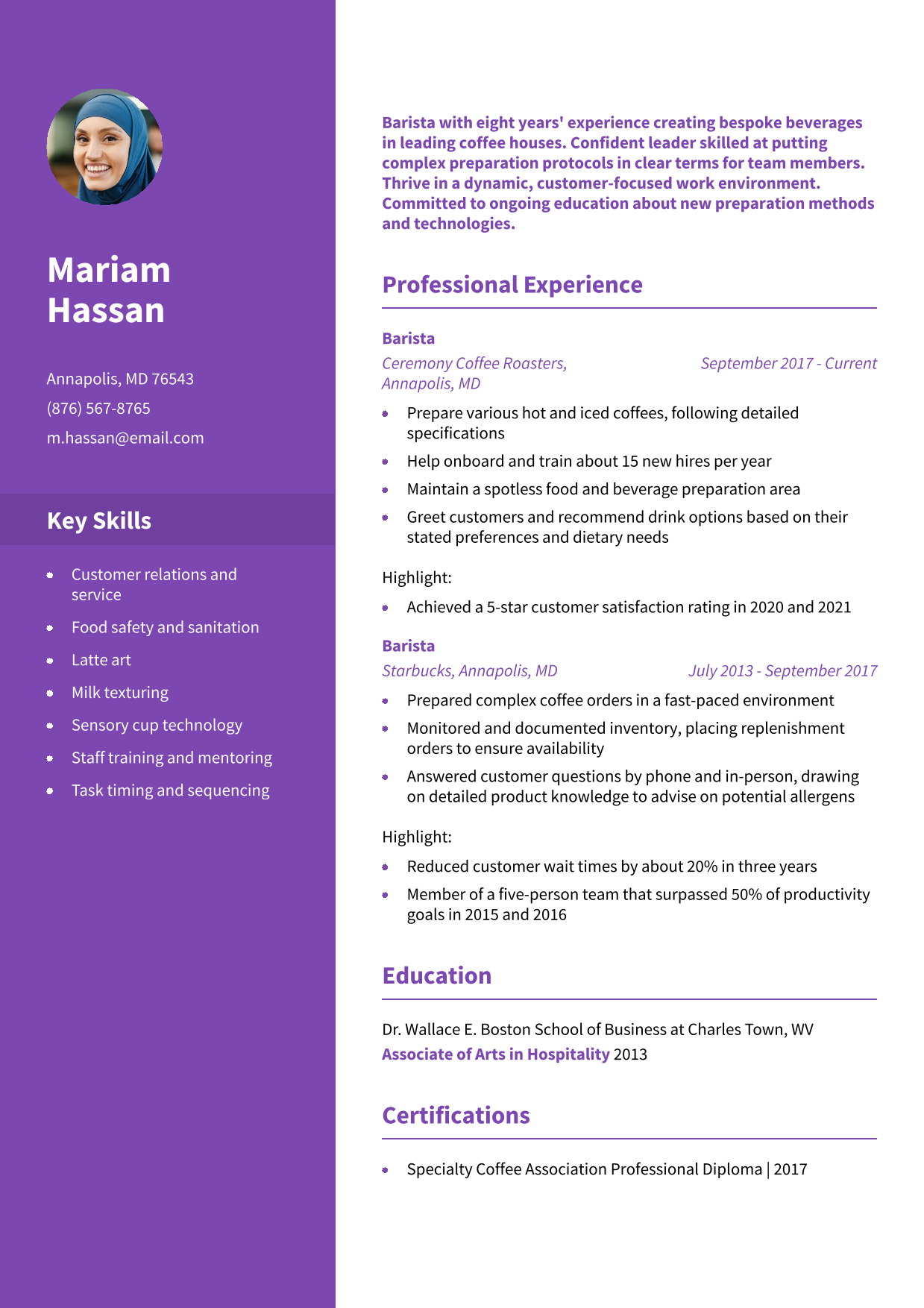 Barista Resume Example
