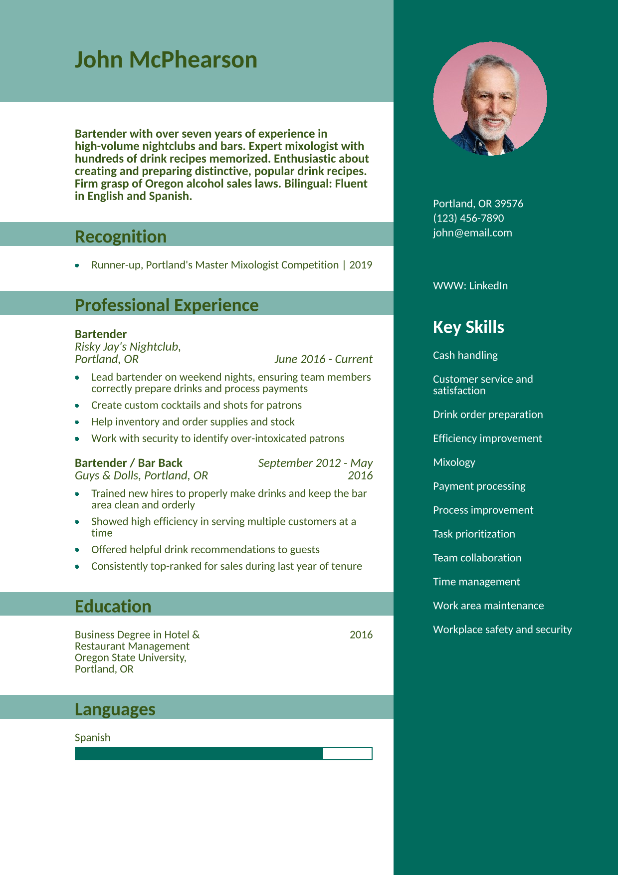 Bartender Resume Example