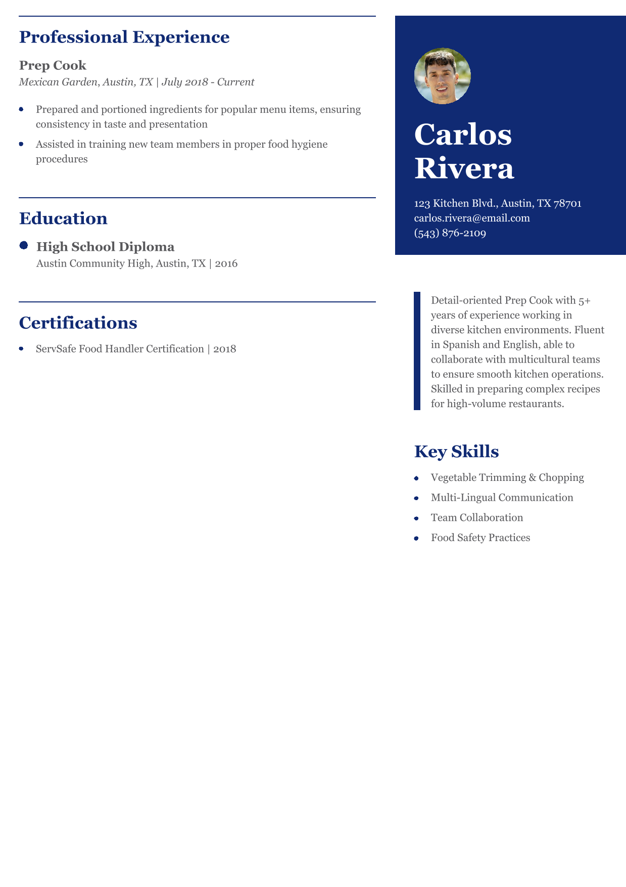 Bilingual Prep Cook Resume Example