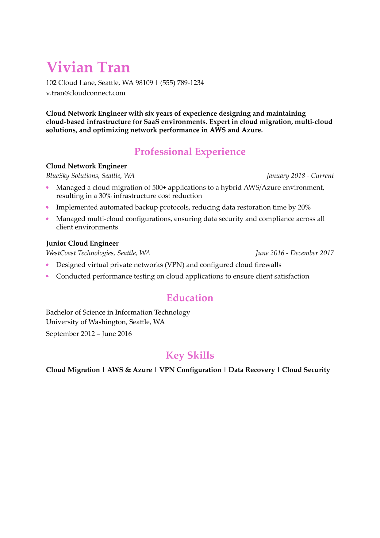 Cloud Network Engineer Resume Example