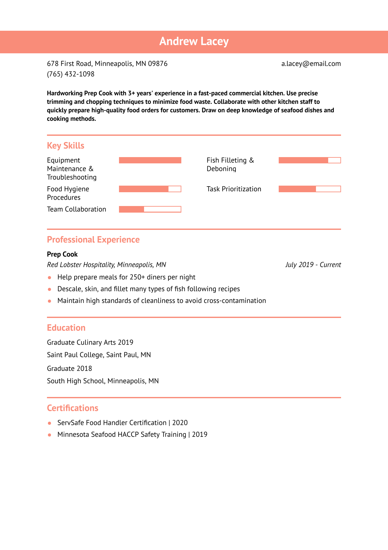 Entry-Level Prep Cook Resume Example