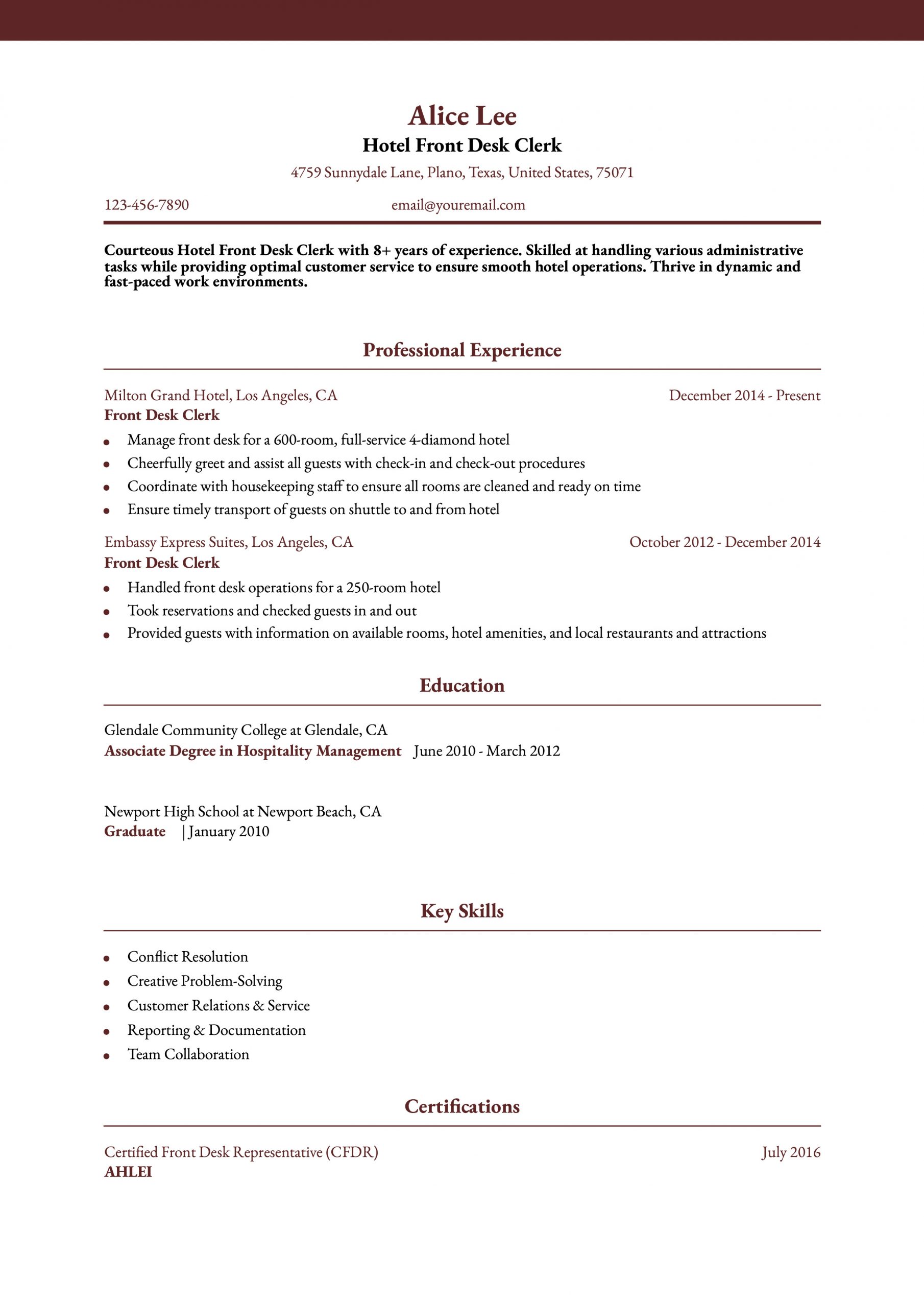 Hospitality Hotel Front Desk Resume Examples and Templates for 2025