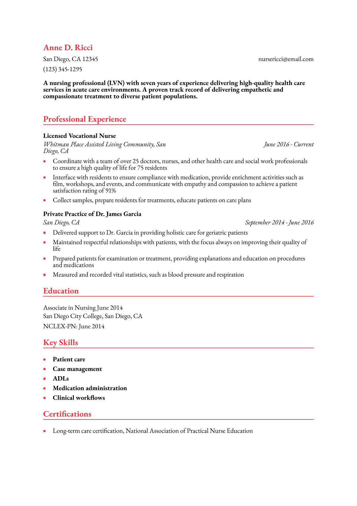 Licensed Vocational Nurse Resume Example